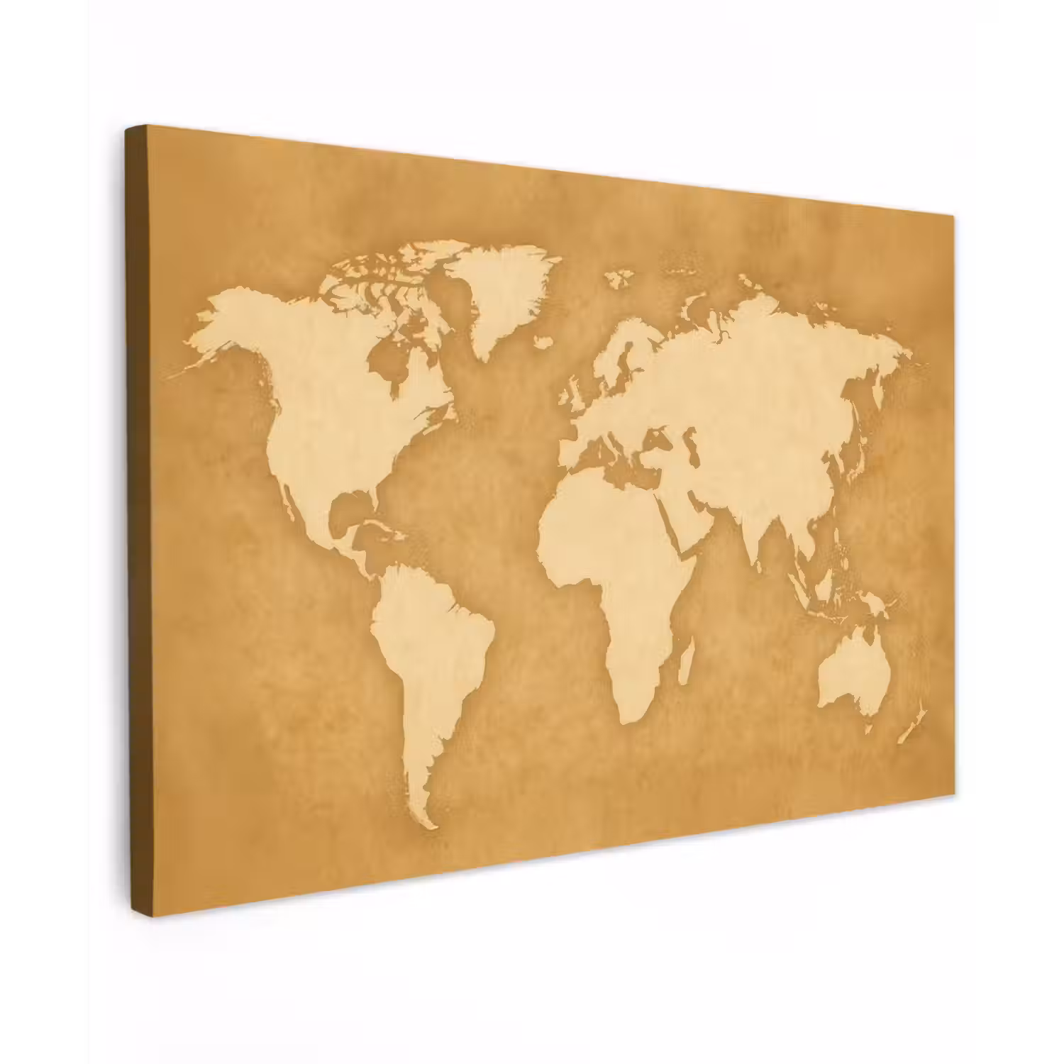 Wereldkaart - Egale structuur - Warme parchmentint Tuinposter op houten frame 2 cm dik klein -3d