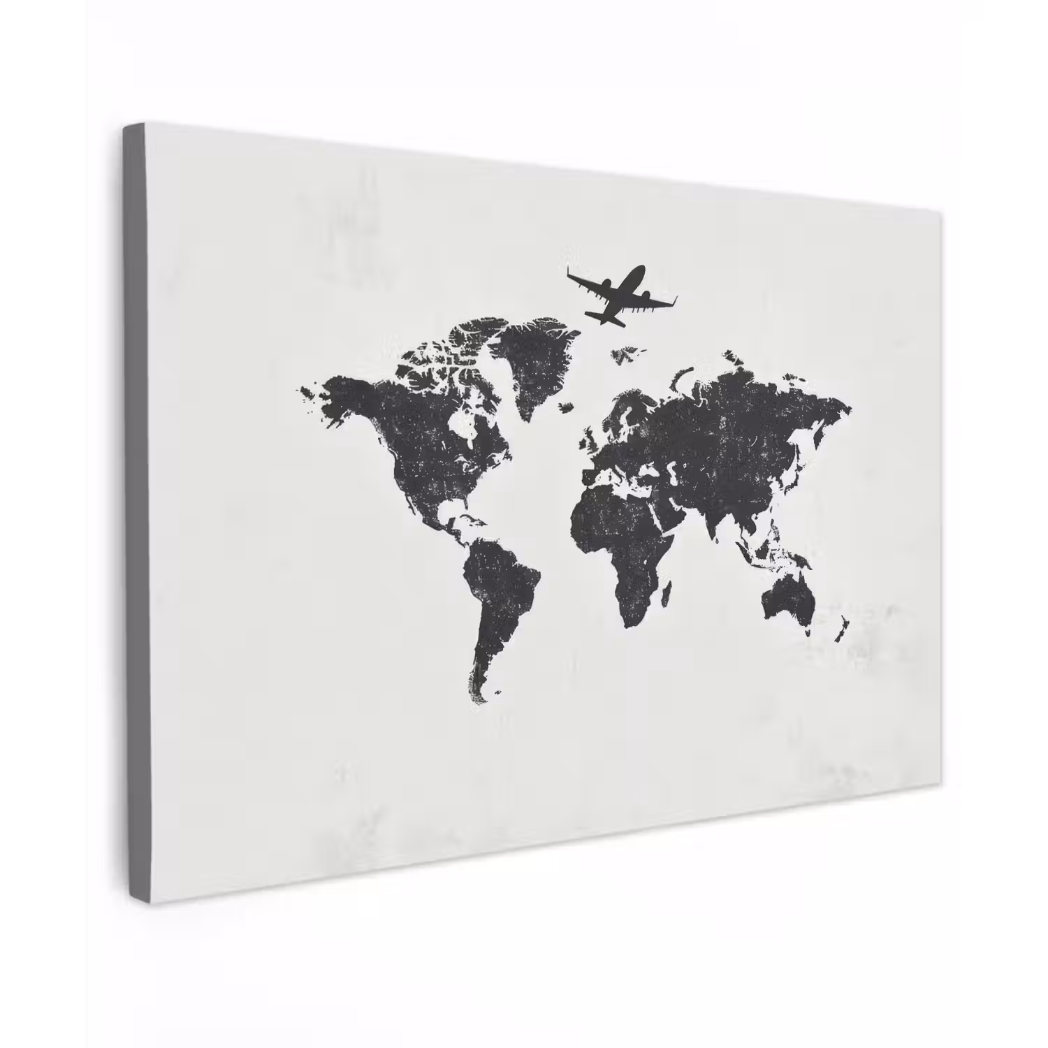 Wereldkaart - Grijs - Zwart - Vliegtuig Tuinposter op houten frame 2 cm dik klein -3d