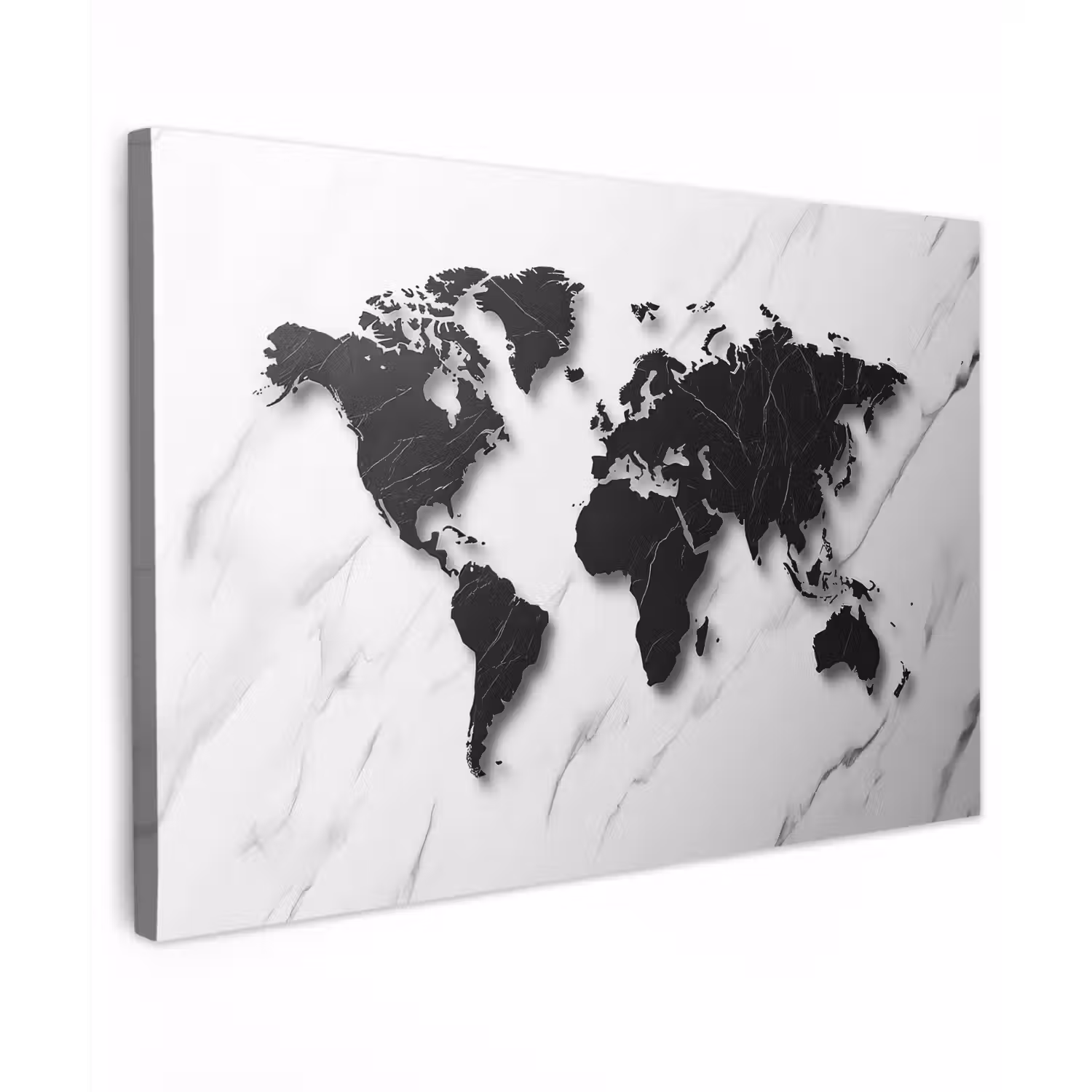 Wereldkaart - Marmer - Wit - Zwart Tuinposter op houten frame 2 cm dik klein -3d