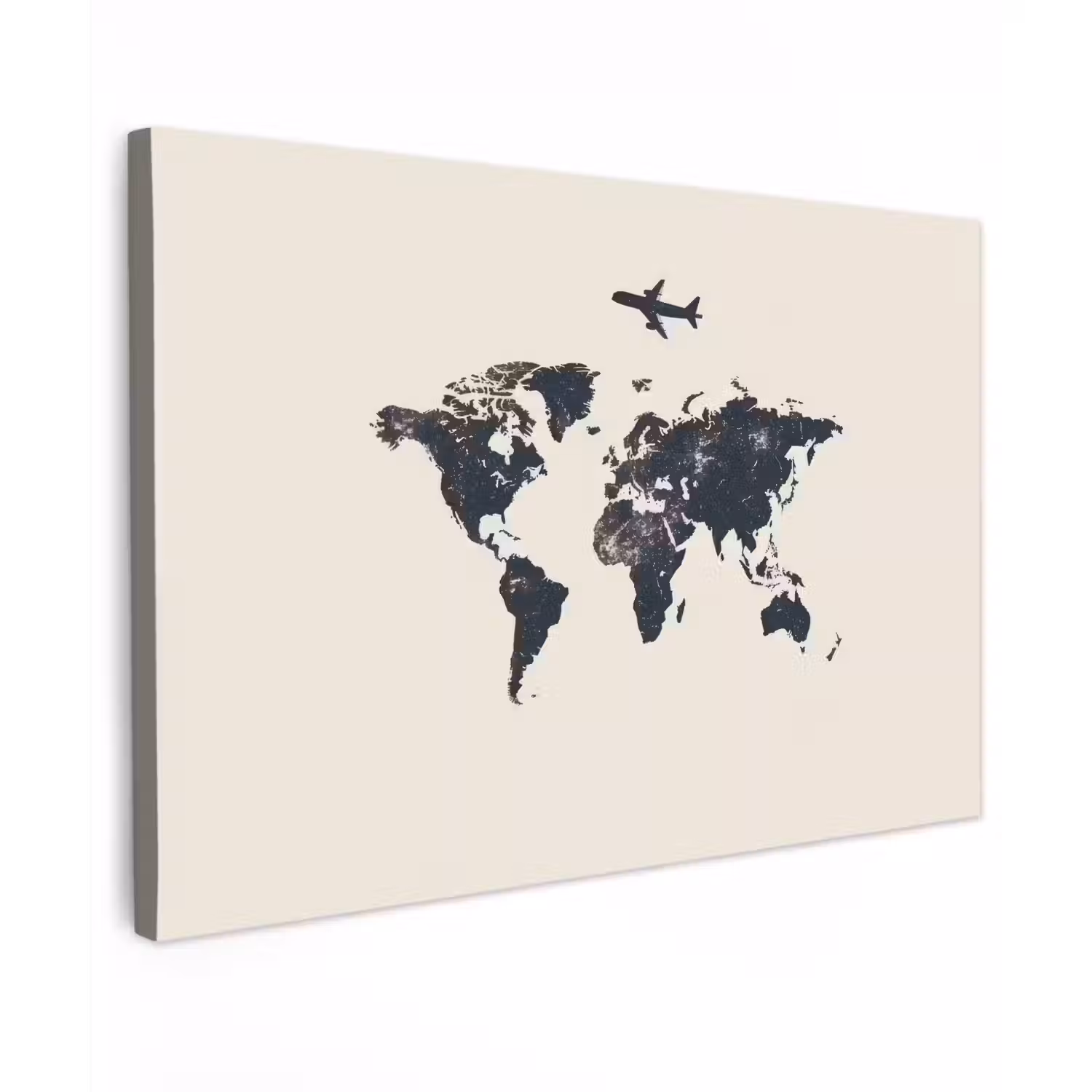 Wereldkaart - Minimalistisch - Grijs - Vliegtuig Tuinposter op houten frame 2 cm dik klein -3d