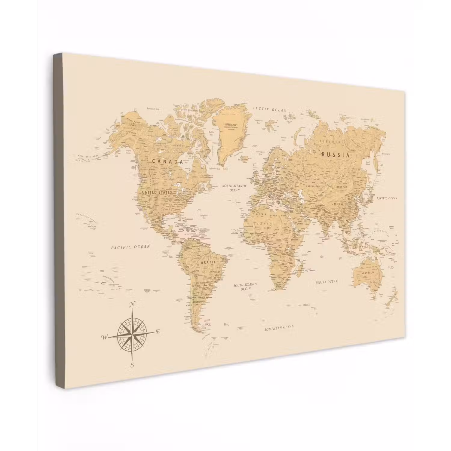 Wereldkaart - Realistisch - Beige Tuinposter op houten frame 2 cm dik klein -3d