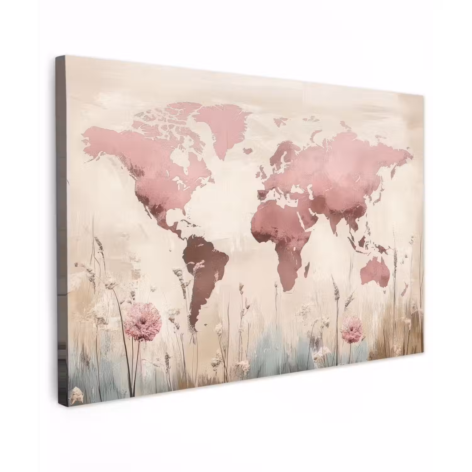 Wereldkaart - Roze - Bloemen Tuinposter op houten frame 2 cm dik klein -3d