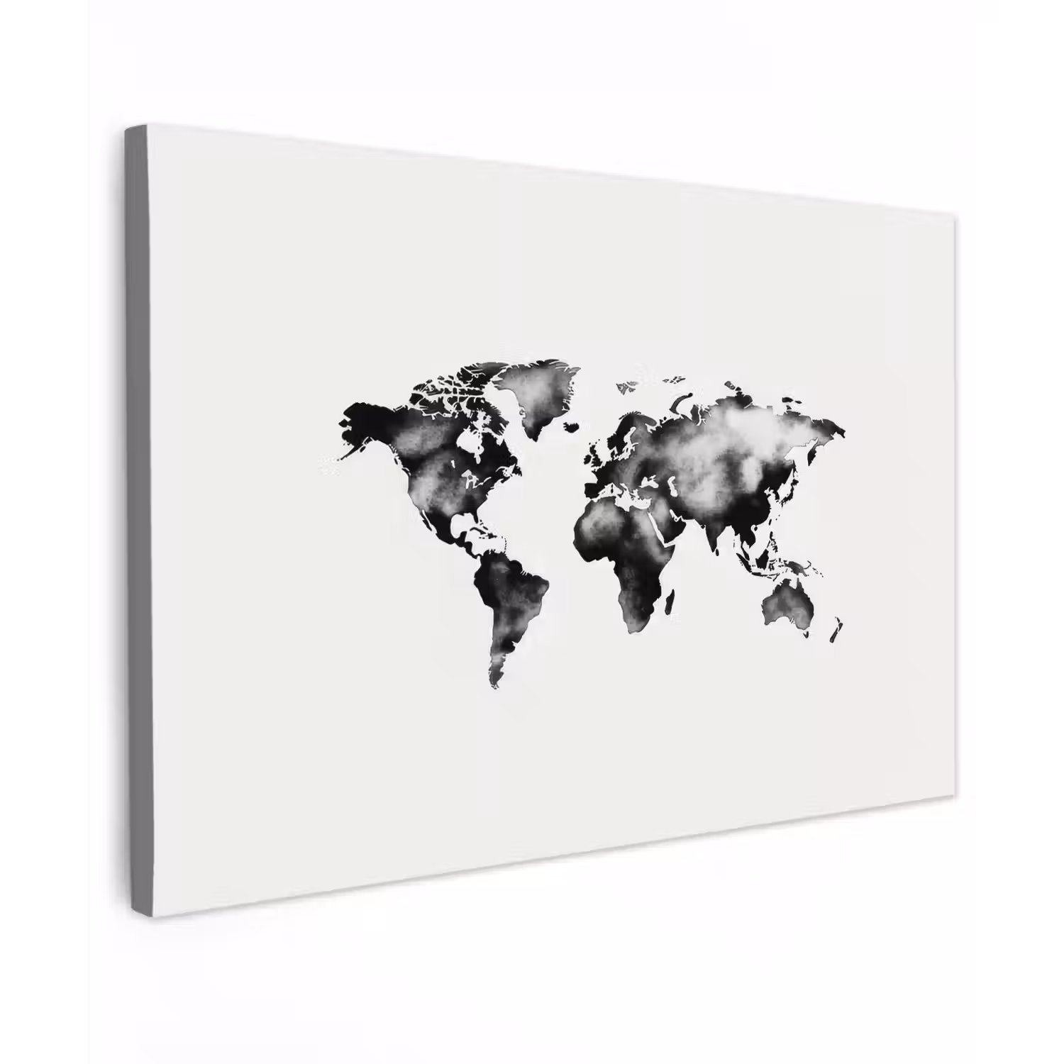 Wereldkaart - Zwart - Inktwassing Tuinposter op houten frame 2 cm dik klein -3d