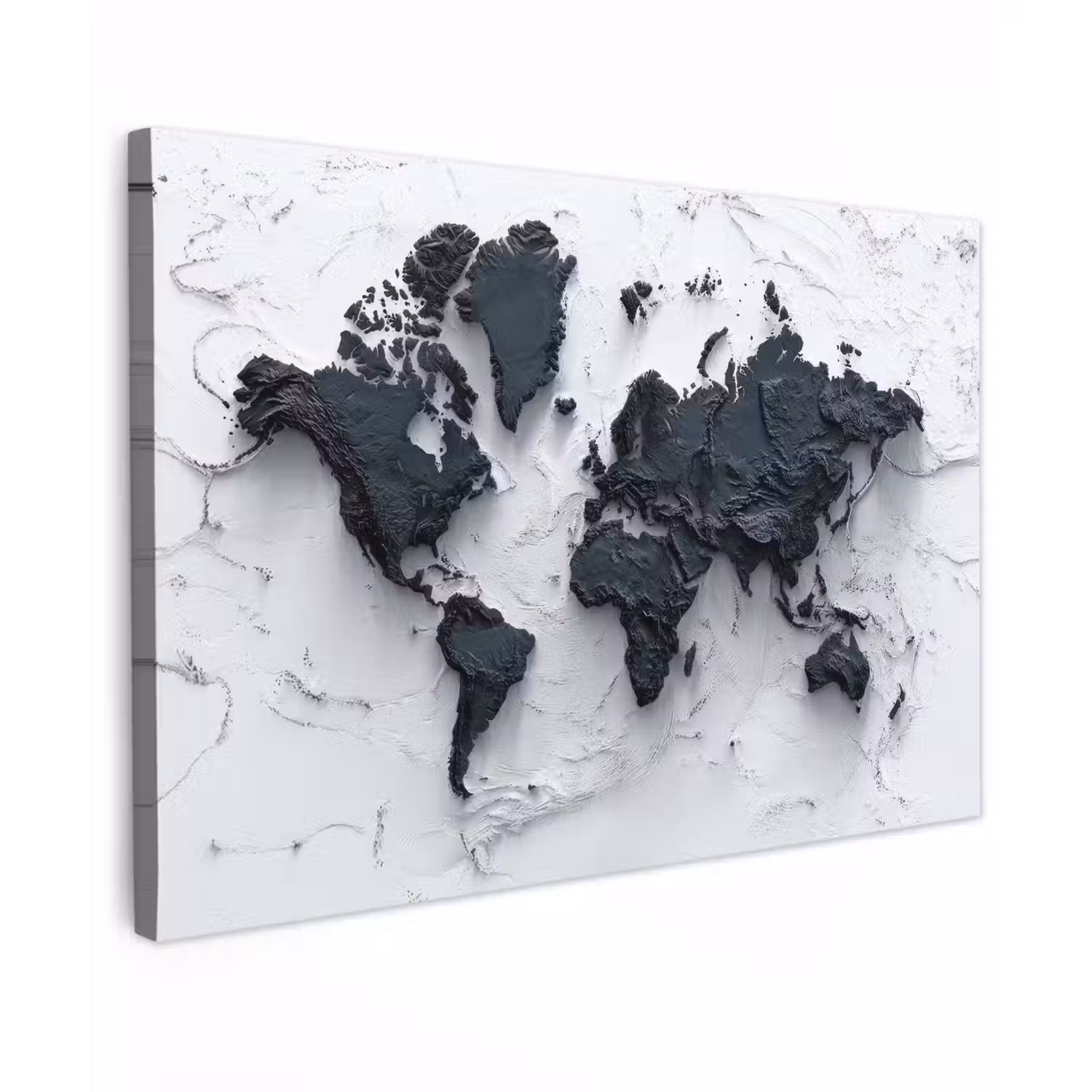 Wereldkaart - Zwarte- Steen Tuinposter op houten frame 2 cm dik klein -3d