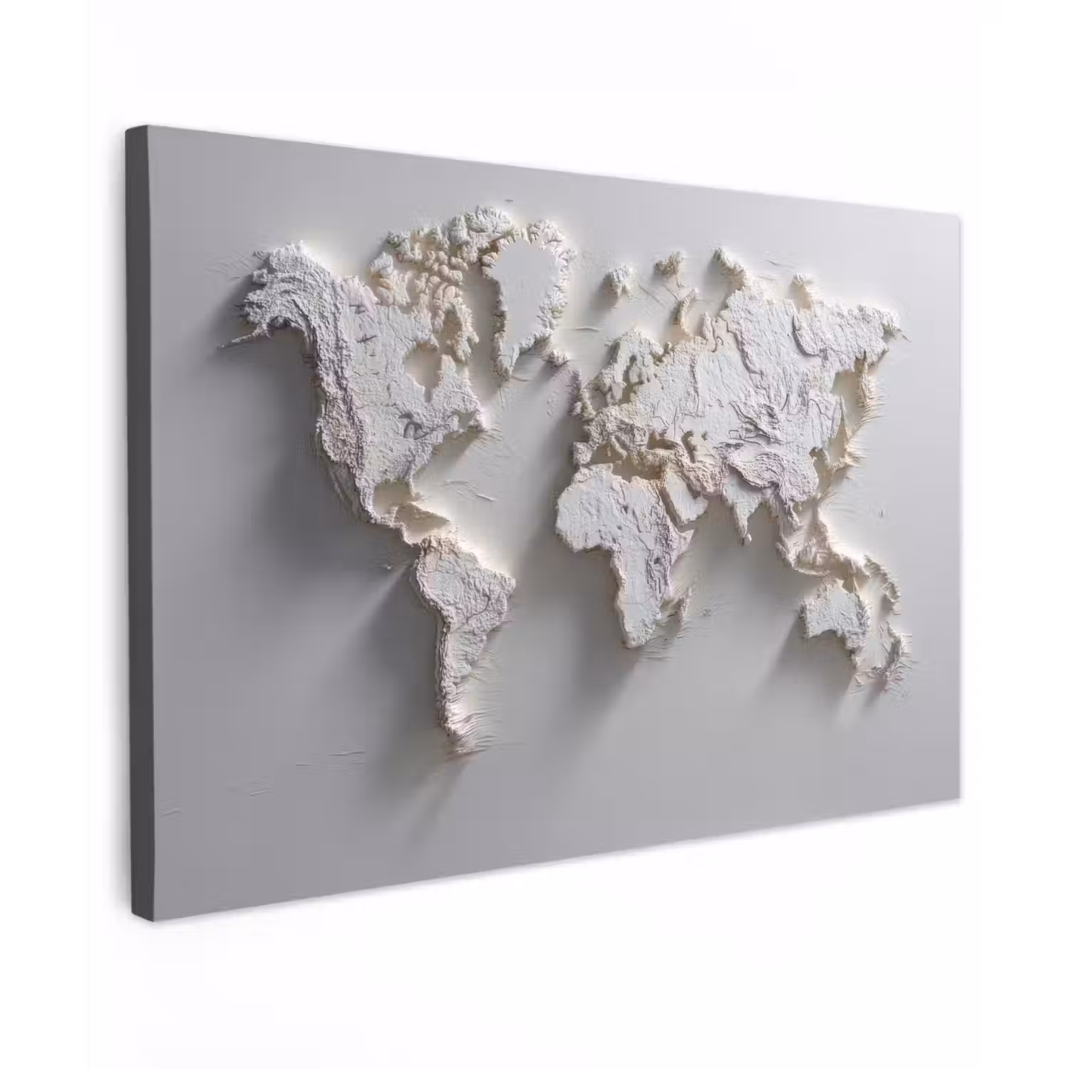 Wereldkaart - Subtiel reliëf - Wit Tuinposter op houten frame 2 cm dik klein -3d