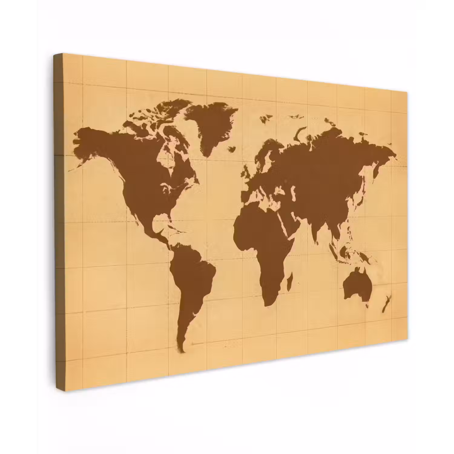 Wereldkaart - Verweerd raster - Bruin Tuinposter op houten frame 2 cm dik klein -3d