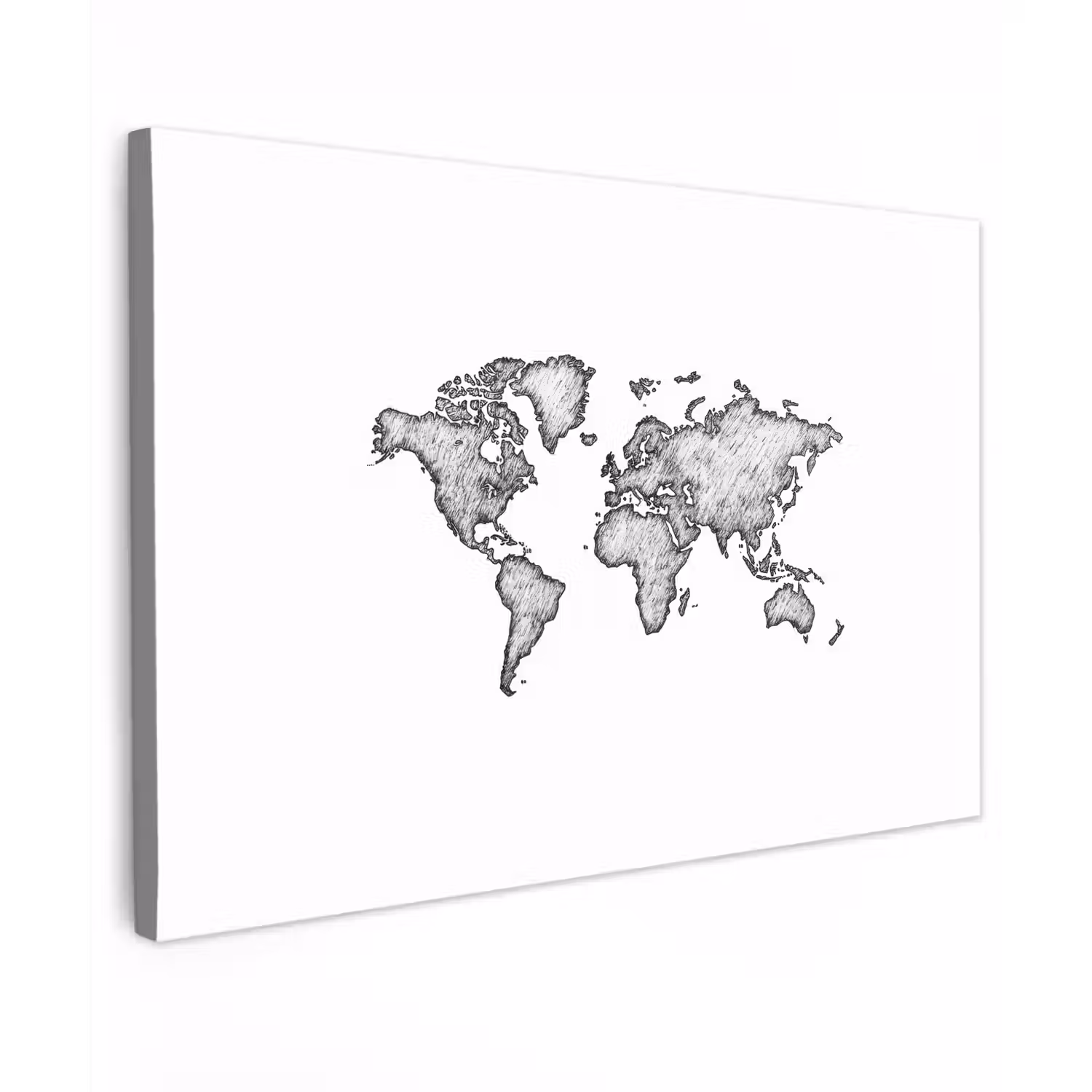 Wereldkaart - Tekening - Zwart - Wit Tuinposter op houten frame 2 cm dik klein -3d