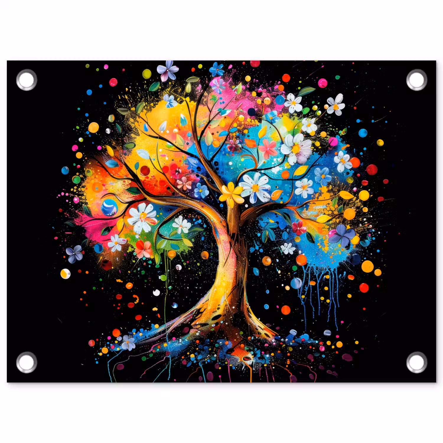 Boom - Kleurrijk - Bloemen - Zwart tuinposter los doek klein -3d