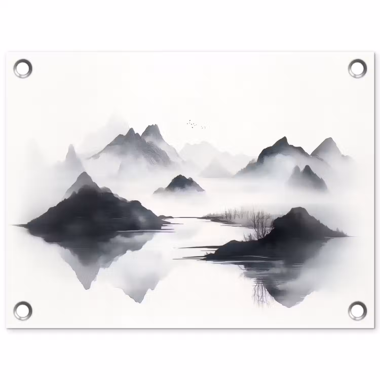 Bergen - Mistig - Water - Wit tuinposter los doek klein -3d