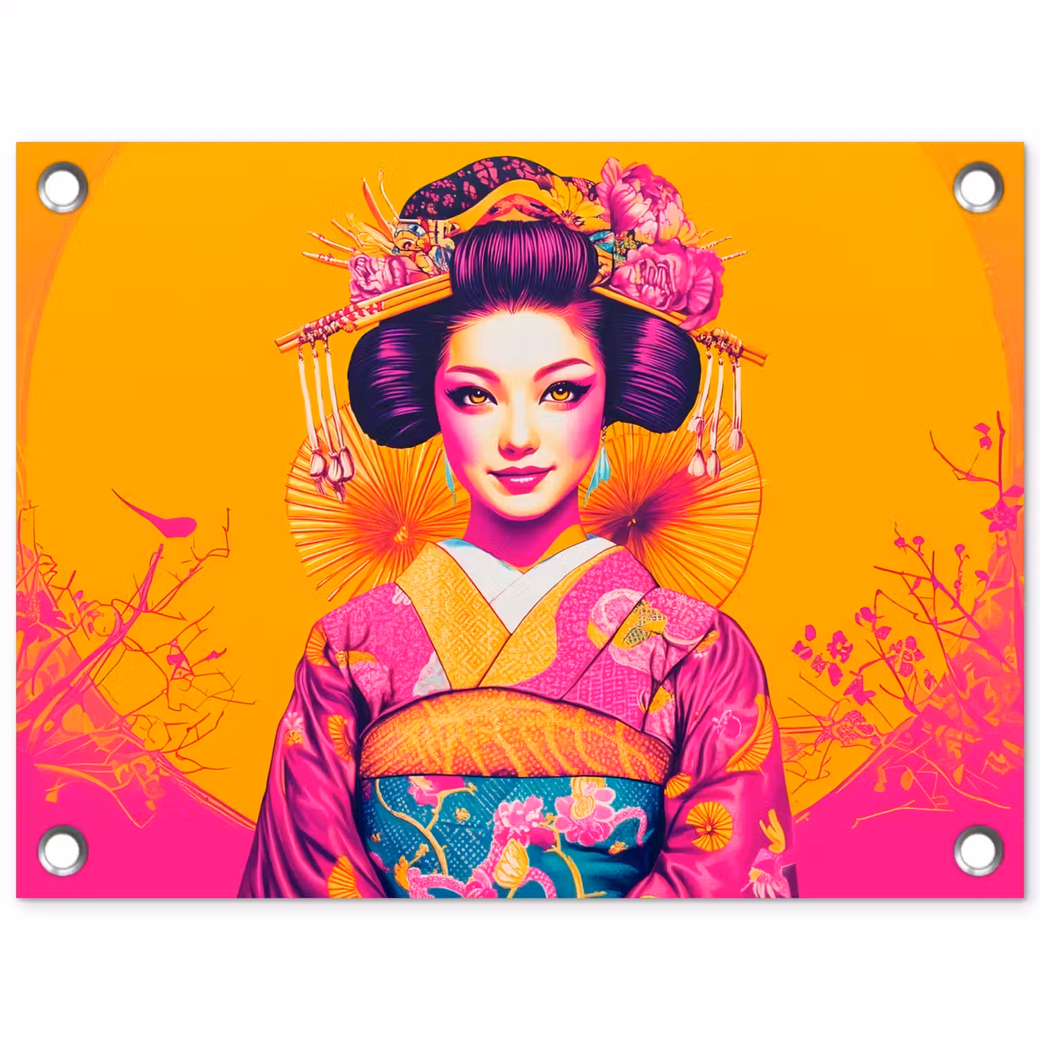 Bloemen - Vrouw - Kimono - Roze tuinposter los doek klein -3d