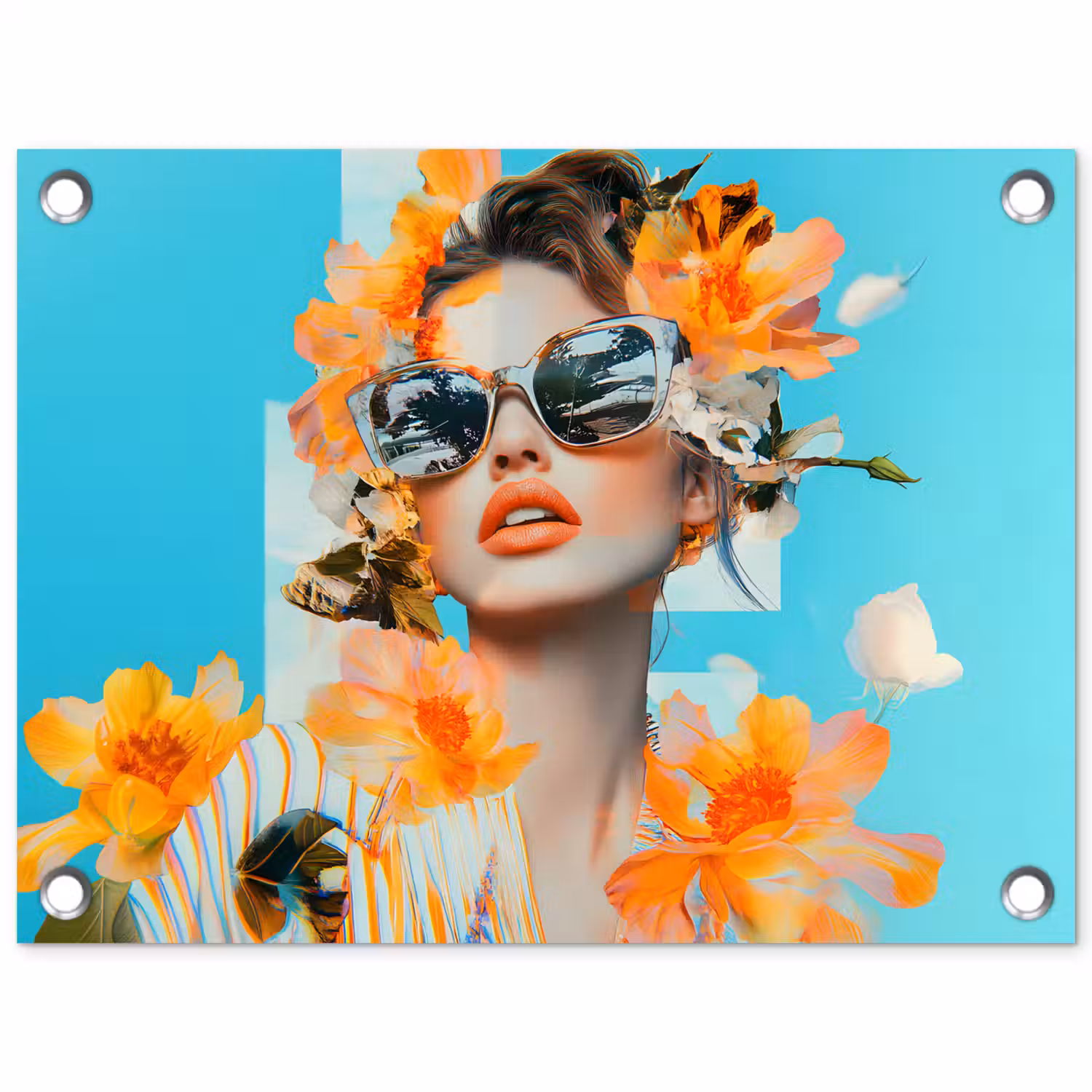 Bloemen - Vrouw - Zonnebril - Blauw tuinposter los doek klein -3d
