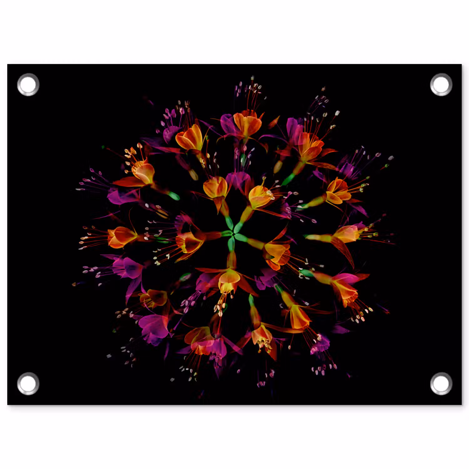 Bloemen - Oranje - Roze - Zwart tuinposter los doek klein -3d