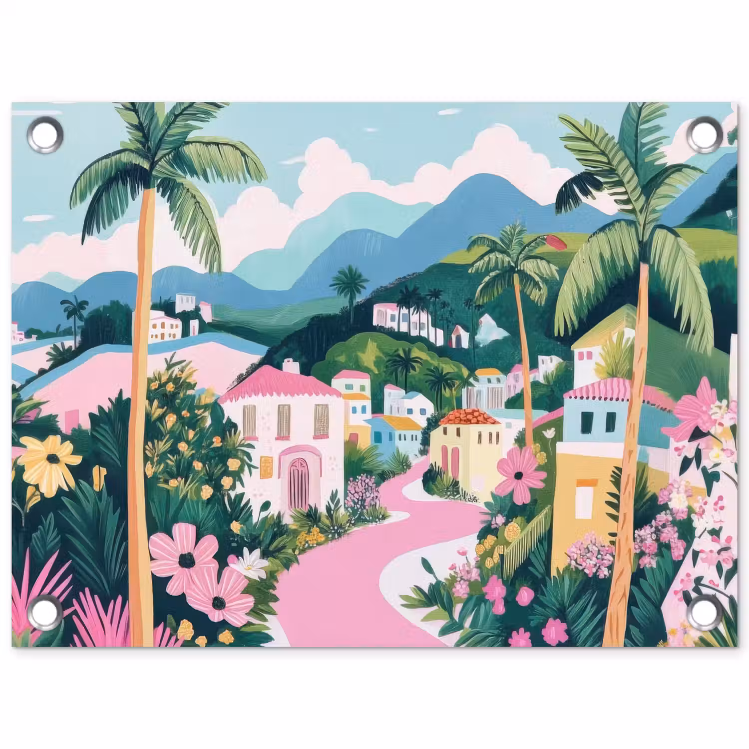 Kleurrijk - Huizen - Heuvels - Roze tuinposter los doek klein -3d