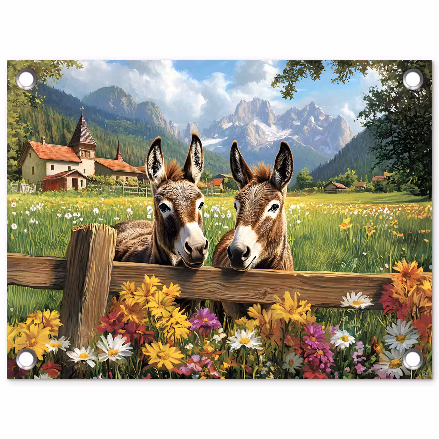 Ezels - Bloemen - Zomers tuinposter los doek klein -3d