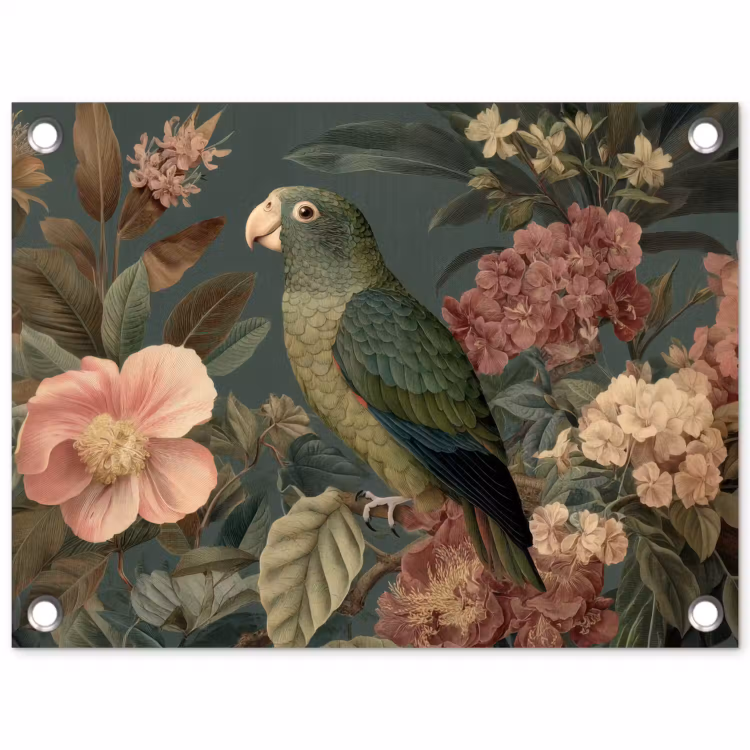 Groene papegaai - Kleurrijke bloemen - Donkere achtergrond tuinposter los doek klein -3d