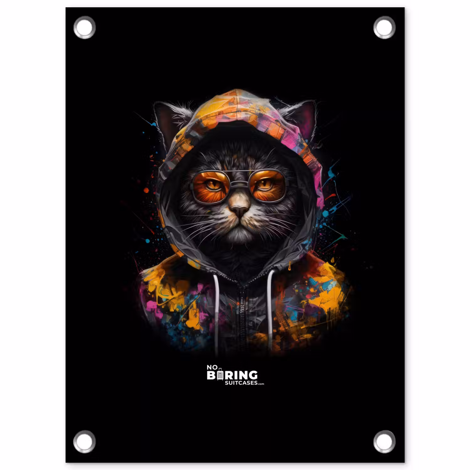 Kat met kleurrijk vest en oranje bril tuinposter los doek klein -3d