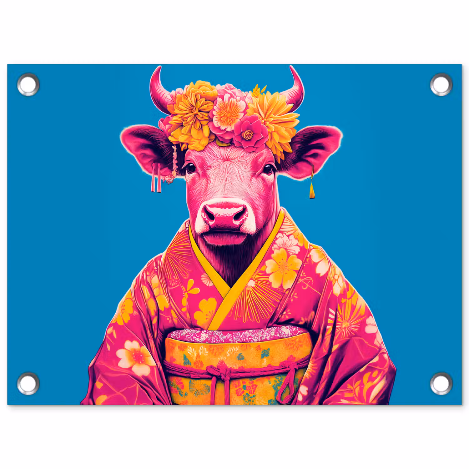 Koe - Bloemenkrans - Oorhangers - Kimono tuinposter los doek klein -3d