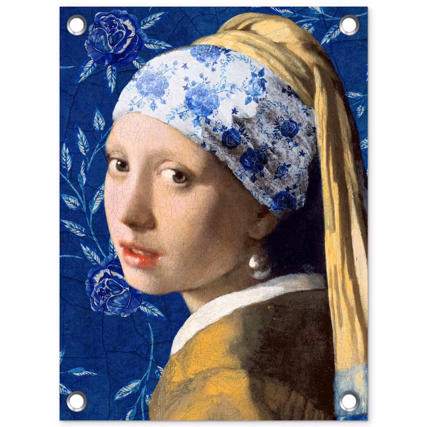 Meisje met de parel - Delfts blauw - Vermeer - Bloemen - Schilderij - Oude meesters tuinposter los doek klein -3d