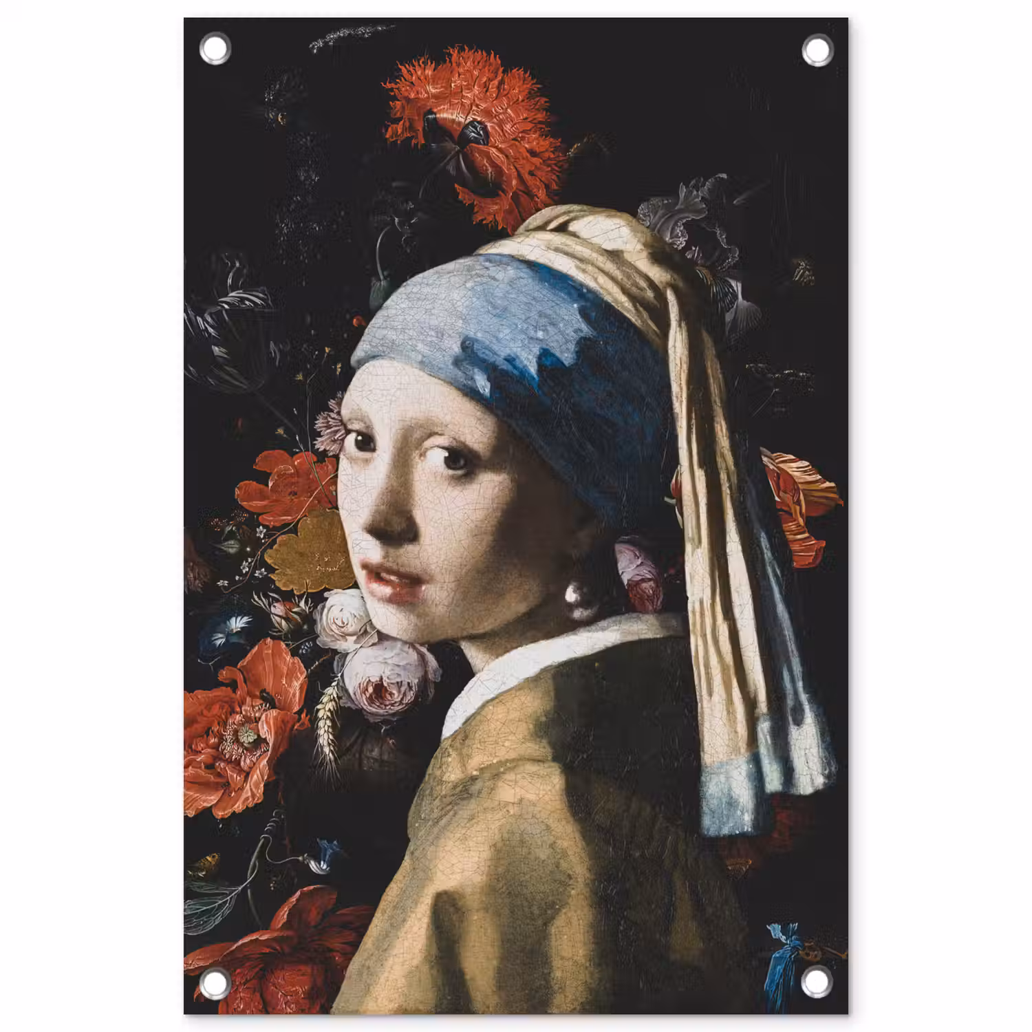 Meisje met de parel - Johannes Vermeer - Bloemen - Rood tuinposter los doek klein -3d