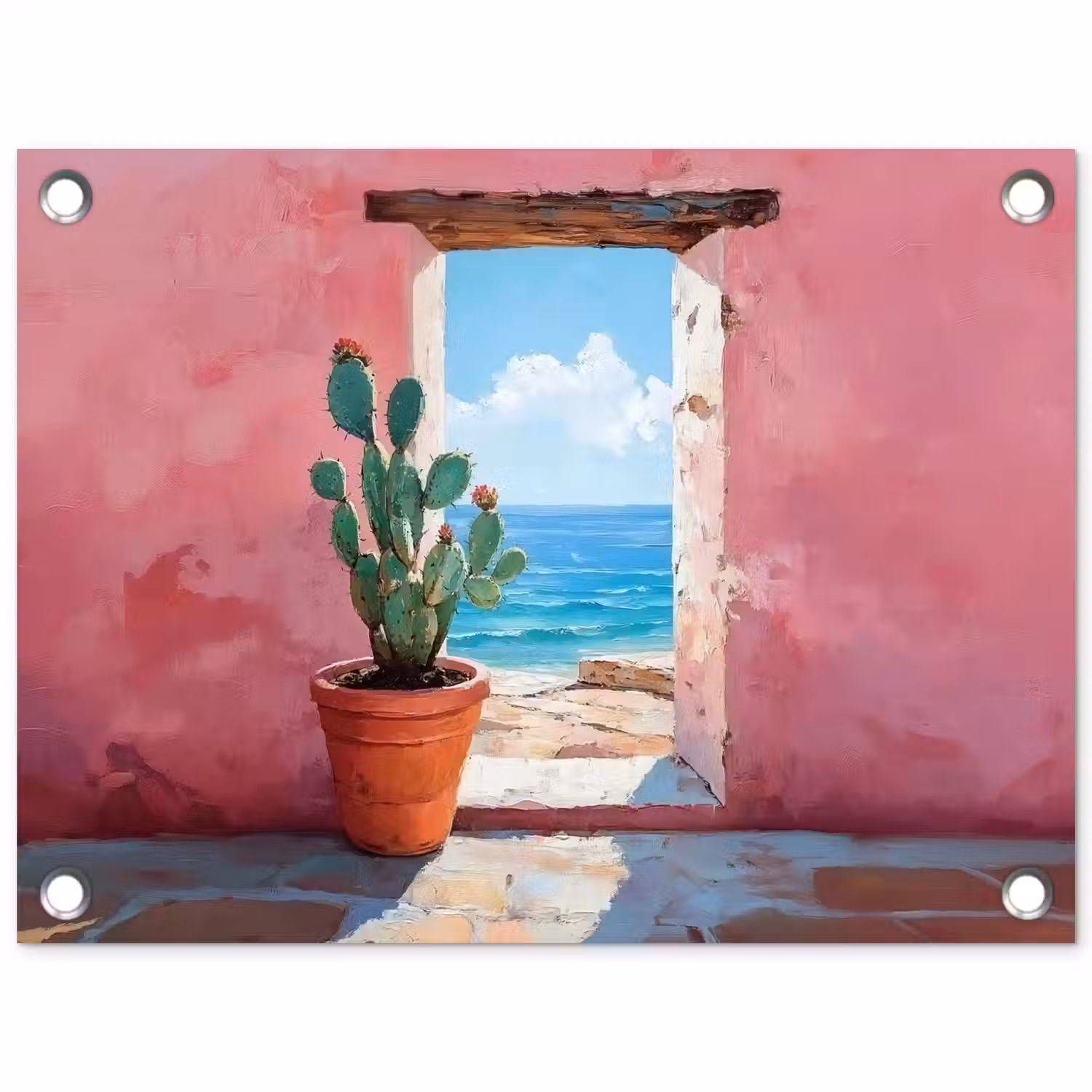 Zee - Roze - Cactus tuinposter los doek klein -3d