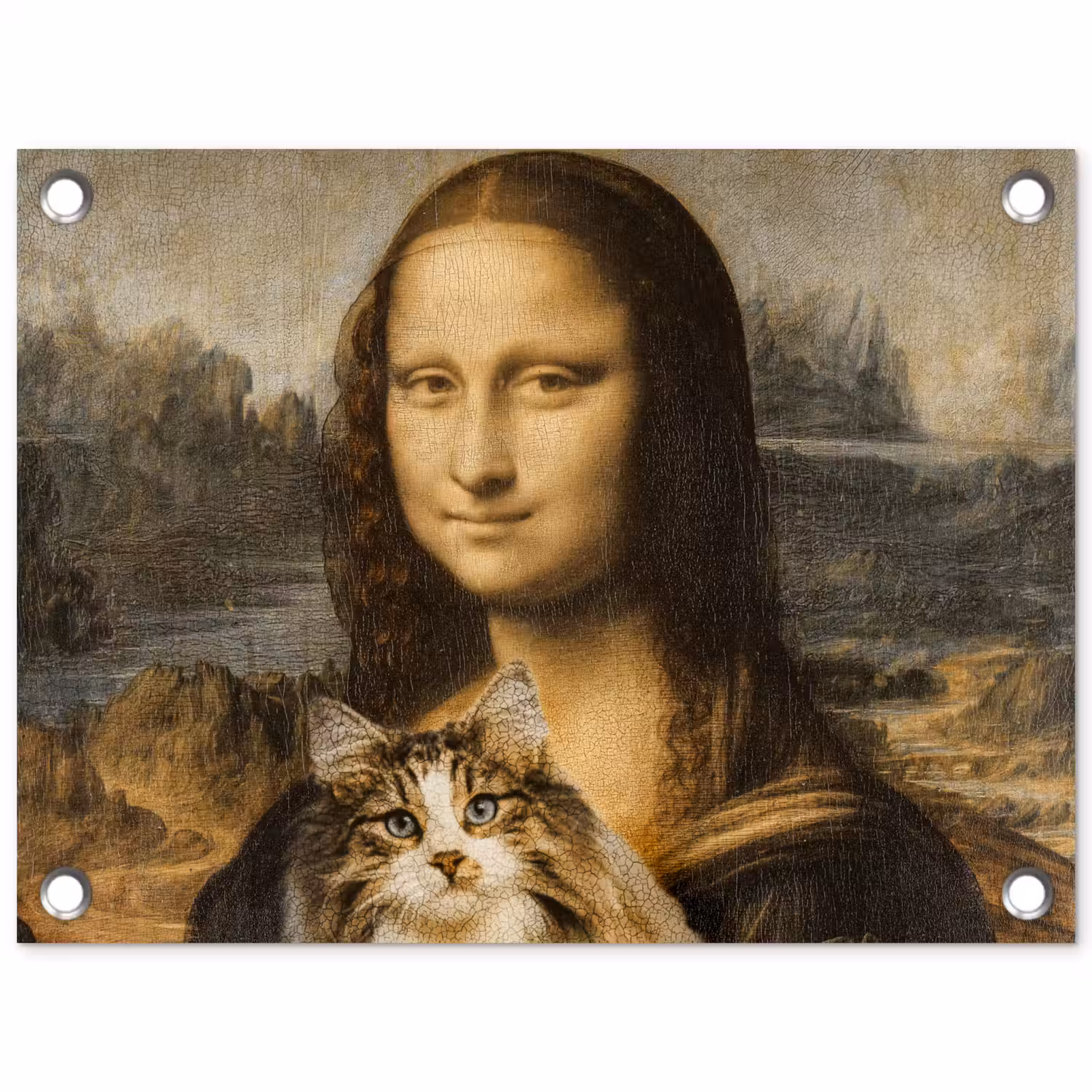 Mona Lisa - Kat - Leonardo da Vinci - Vintage - Kunstwerk - Oude meesters - Schilderij tuinposter los doek klein -3d
