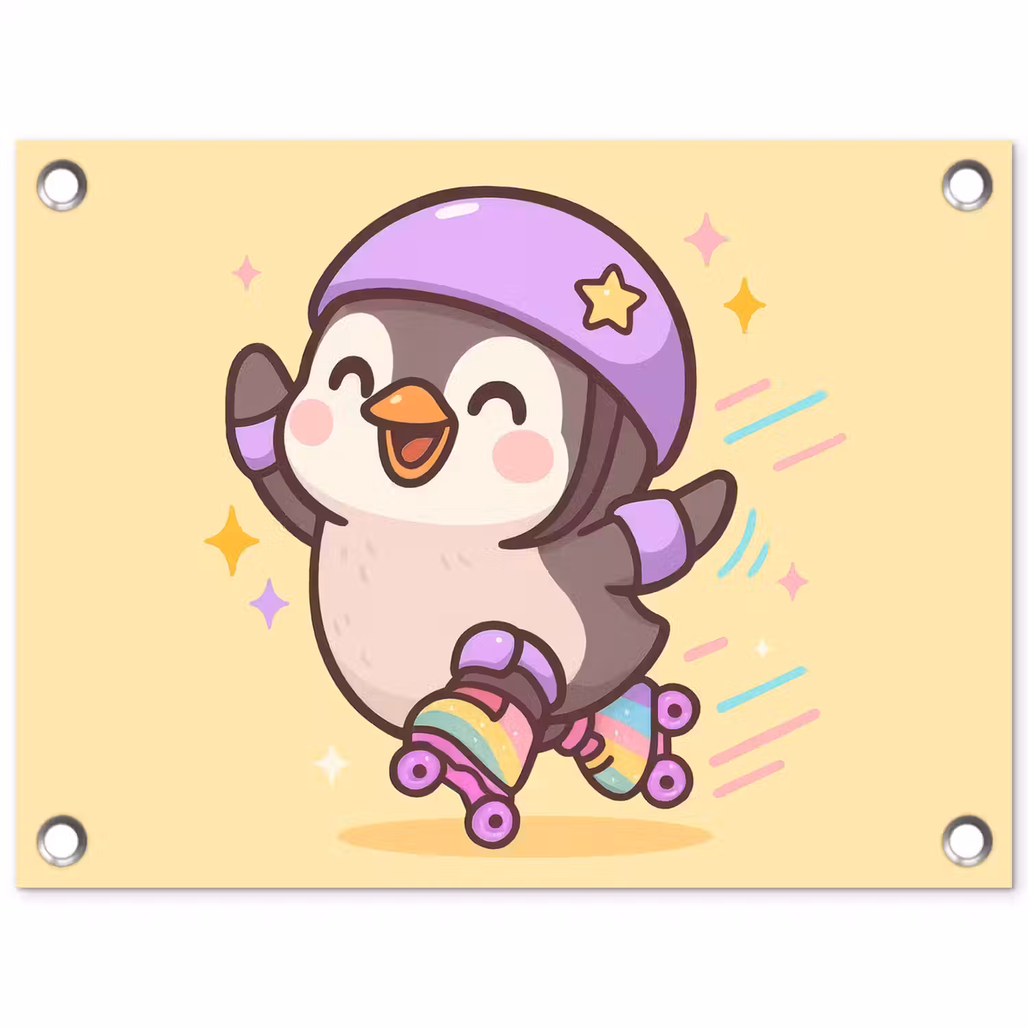 Pinguïn - Rolschaatsen - Geel - Energiek tuinposter los doek klein -3d