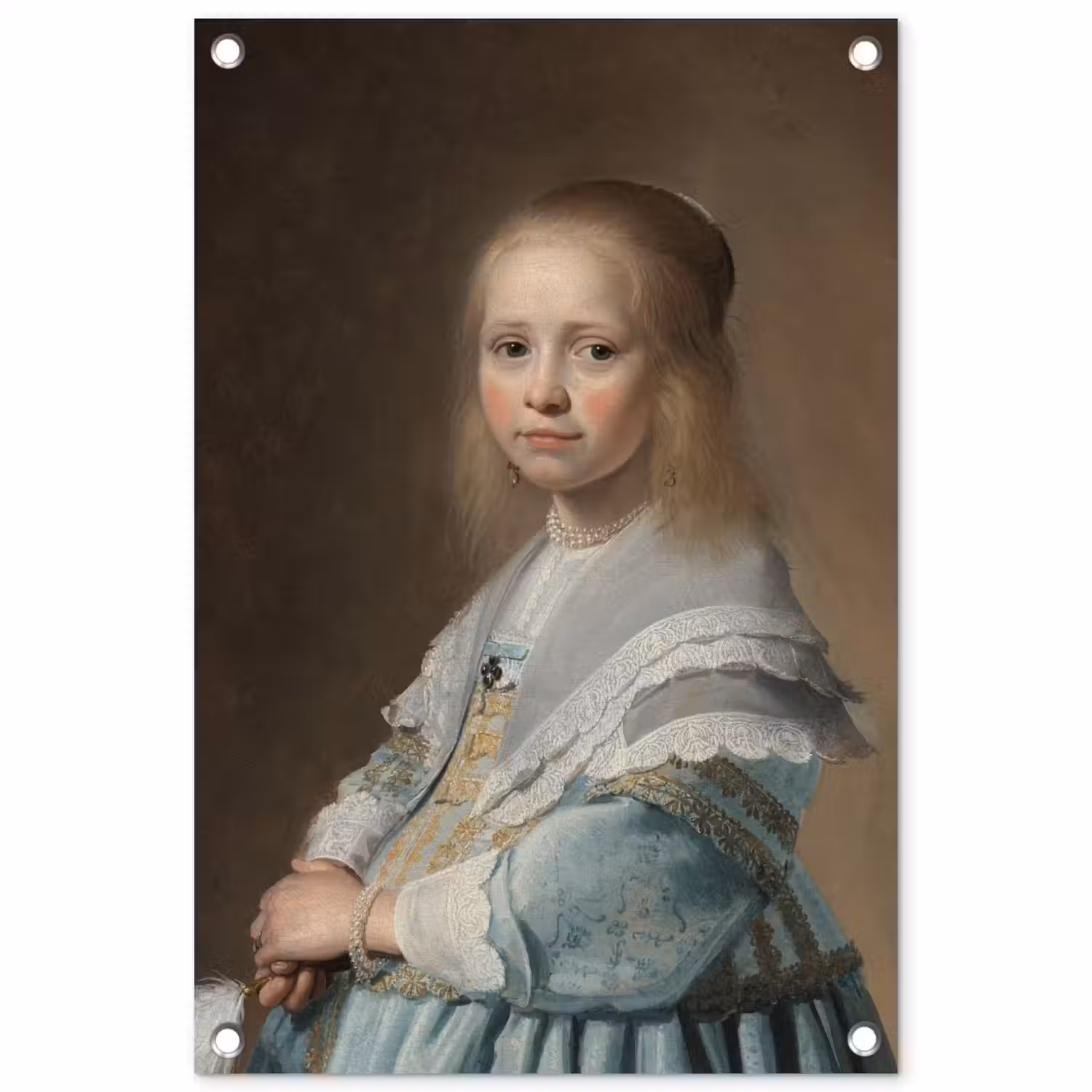 Portret van een meisje in het blauw - Schilderij van Johannes Cornelisz. Verspronck tuinposter los doek klein -3d