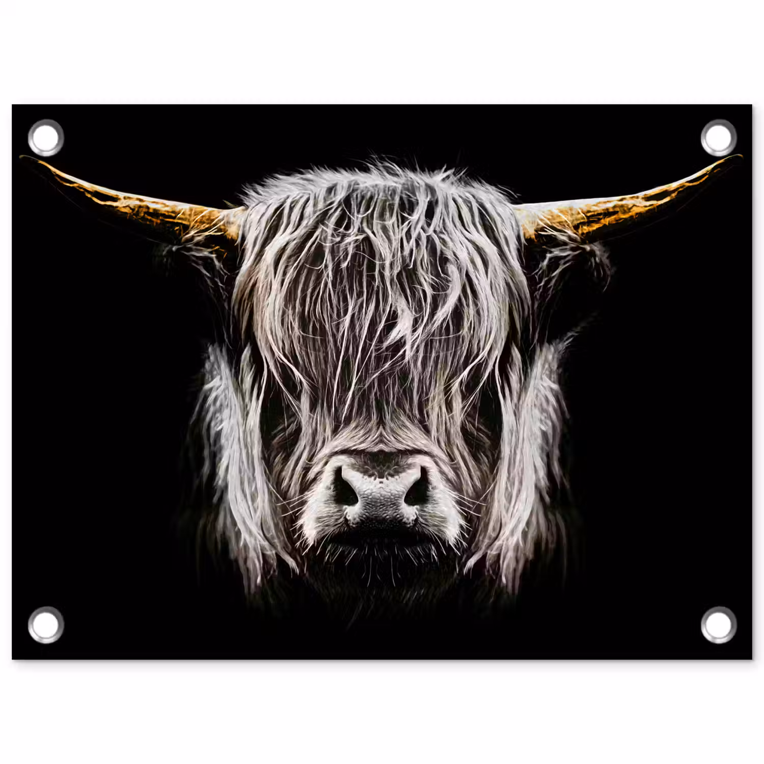 Schotse hooglander - Goud - Hoorns - Zwart wit - Koe - Dieren tuinposter los doek klein -3d