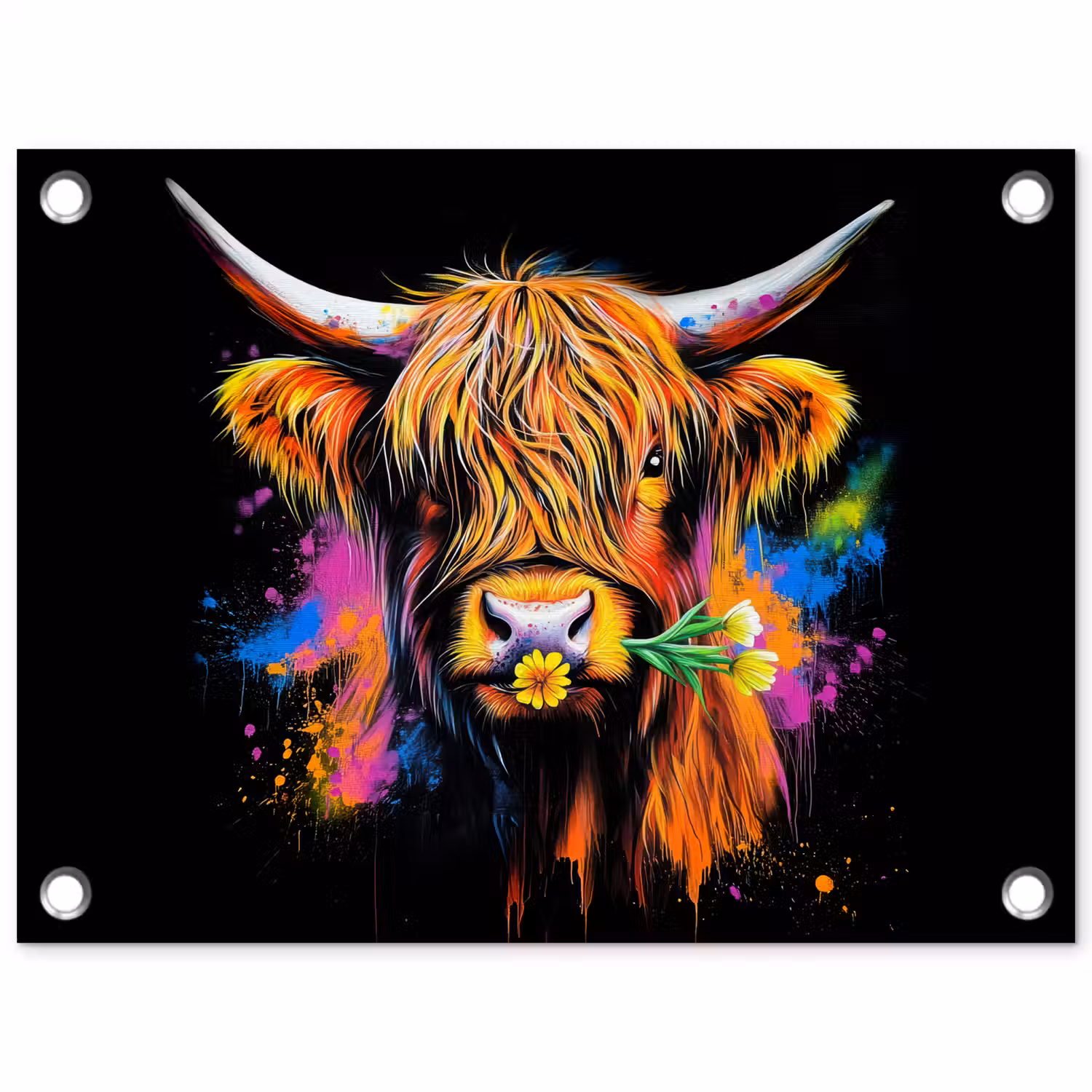 Schotse Hooglander - Graffiti - Kleurrijk - Bloem - Dieren tuinposter los doek klein -3d