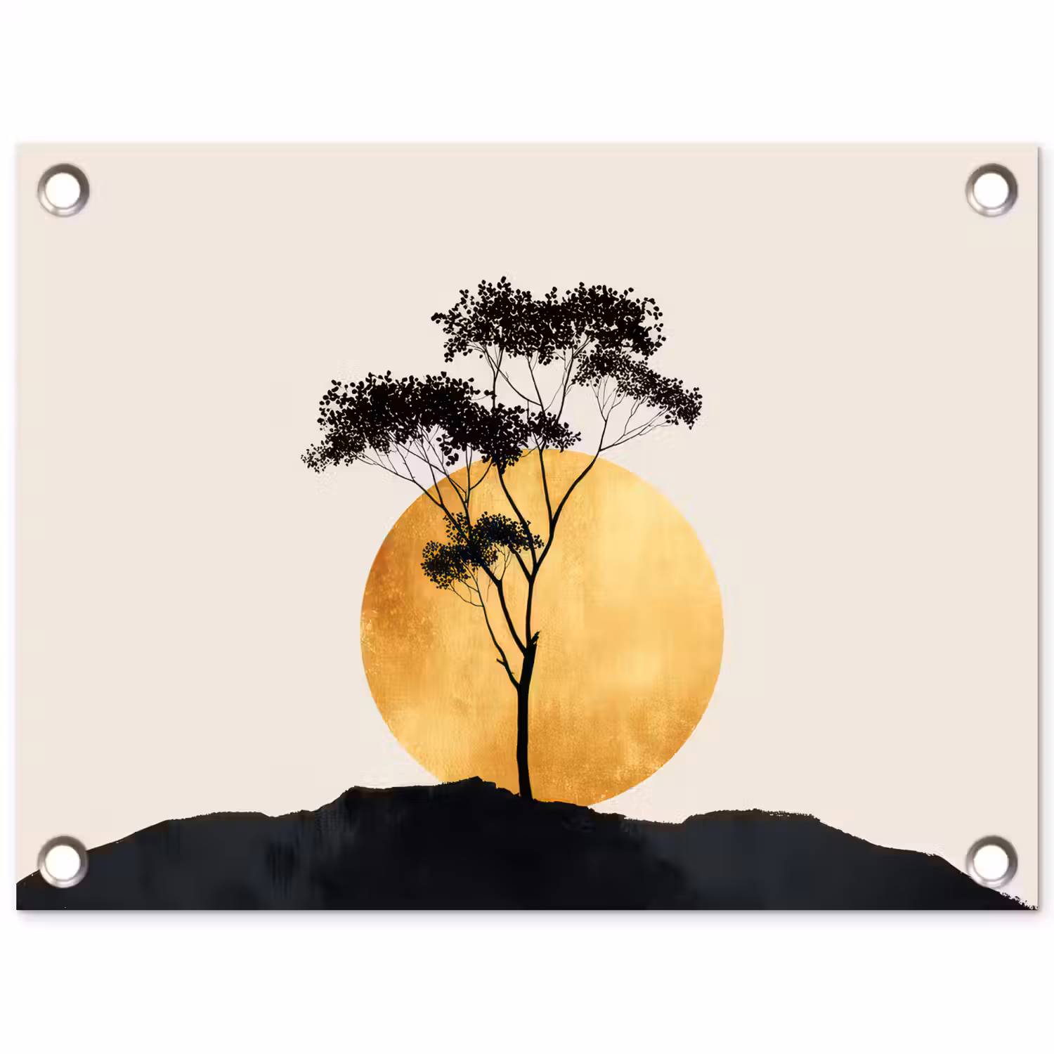 Zwarte boom - Gouden cirkel - Heuvel tuinposter los doek klein -3d