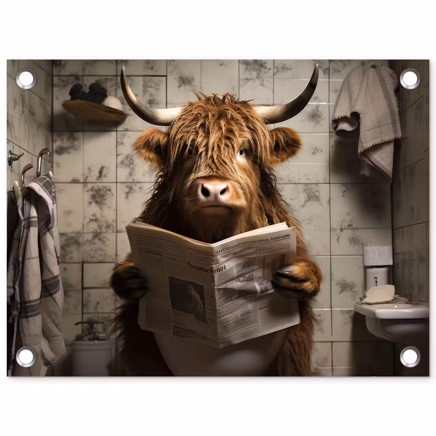 Schotse hooglander - Toilet - Krant - Badkamer tuinposter los doek klein -3d