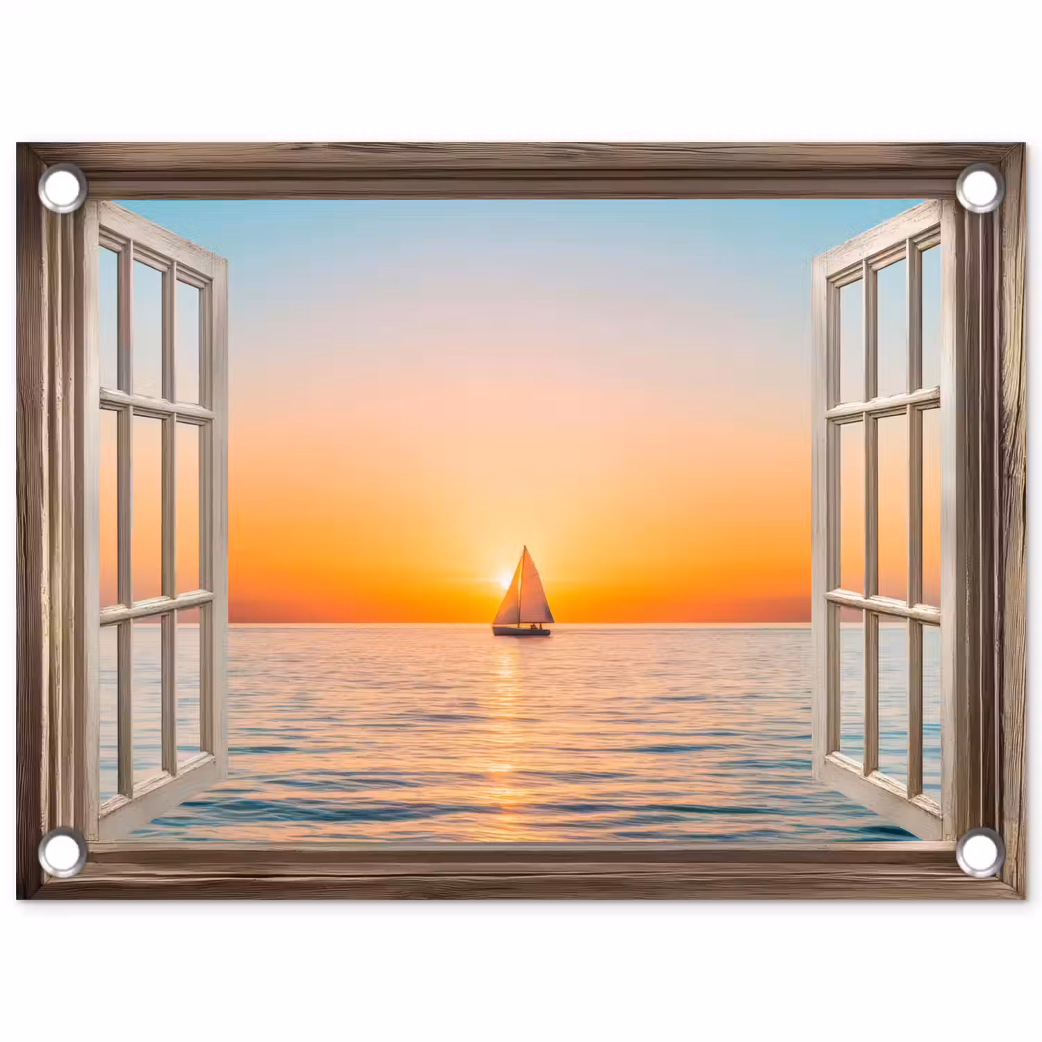 Doorkijk - Zee - Boot - Zonsondergang tuinposter los doek klein -3d