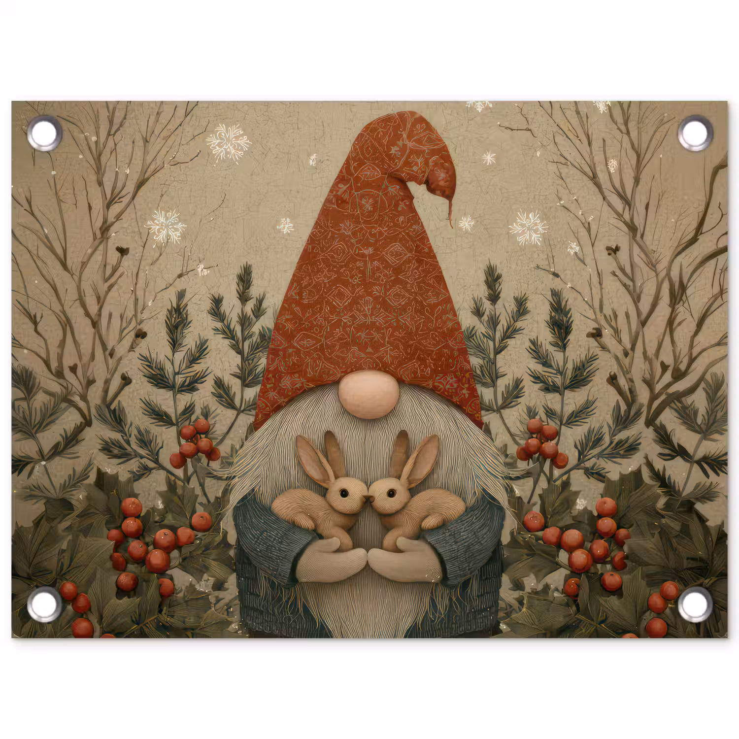 Kerstgnome - Konijntjes - Kleurrijk tuinposter los doek klein -3d