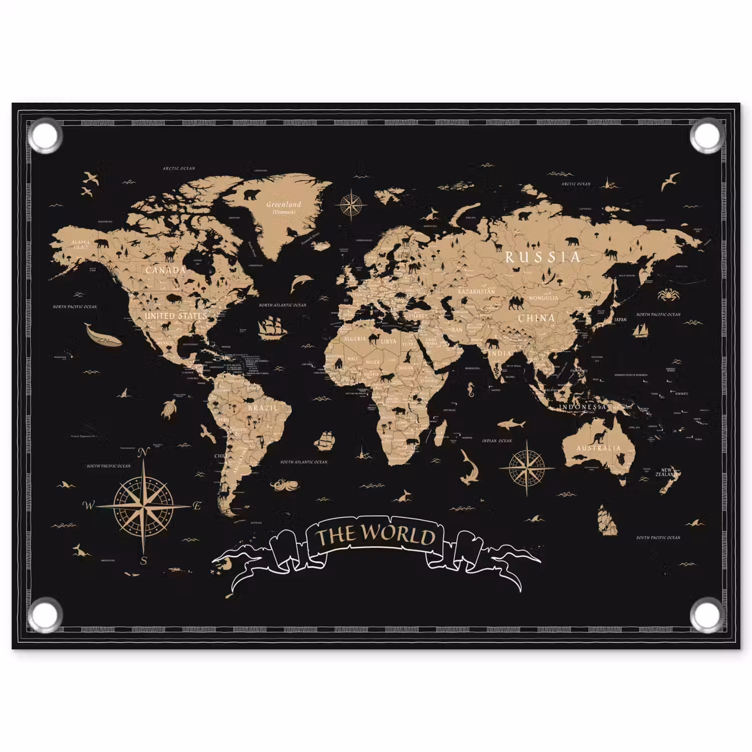 Wereldkaart - Beige - Zwart tuinposter los doek klein -3d