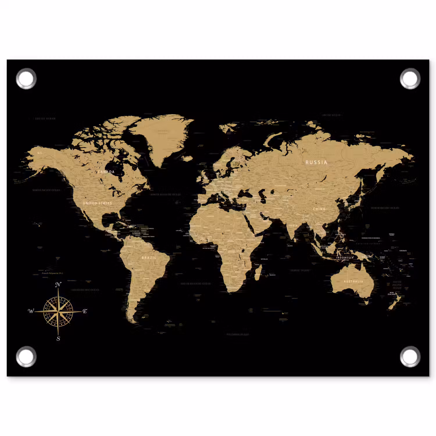 Wereldkaart - Beige - Zwart tuinposter los doek klein -3d
