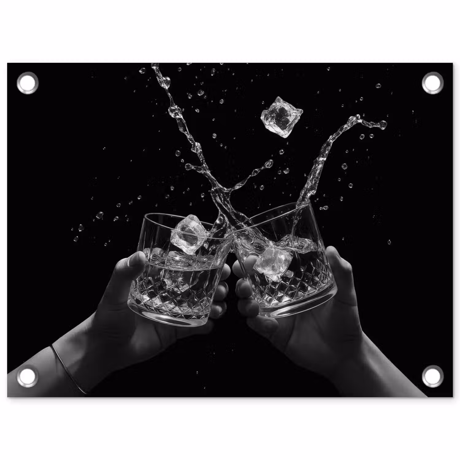 Whiskyglazen - Ijs - Spetters - Zwart tuinposter los doek klein -3d