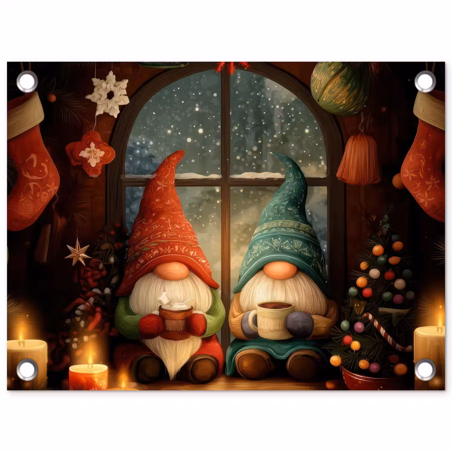 Gnooms - Kerst - Raam - Kleurrijk tuinposter los doek klein -3d