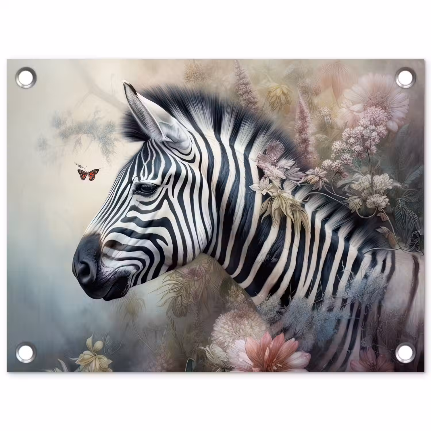 Zebra - Wilde dieren - Vlinder - Bloemen tuinposter los doek klein -3d