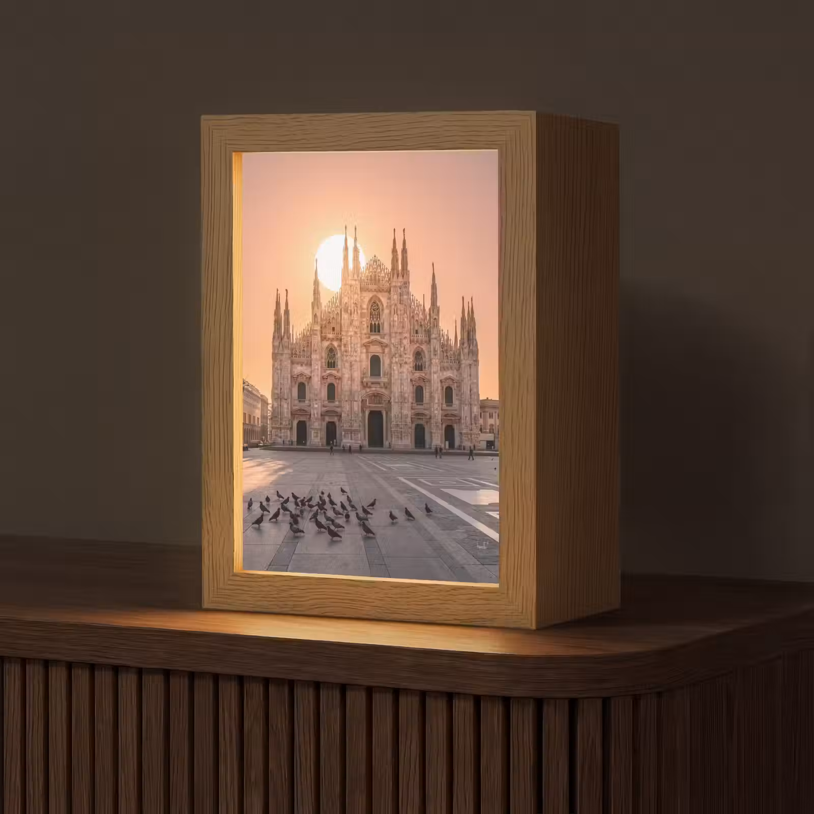 Personalisierte Lightbox - Architektur – Mailand – Platz – Sonnenaufgang – Orange - Architectuur - Milaan - Plein - Zonsopgang - Oranje Light Box met kabel (Tafellamp) klein