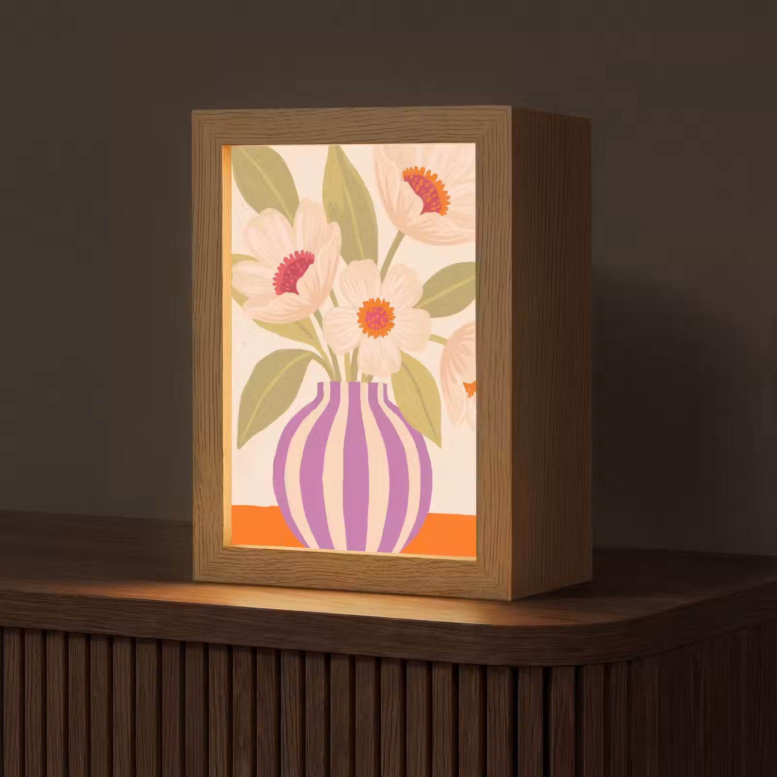 Personalisierte Lightbox - Blumen – Vase – Abstrakt – Lila – Orange - Bloemen - Vaas - Abstract - Paars - Oranje Light Box met kabel (Tafellamp) klein