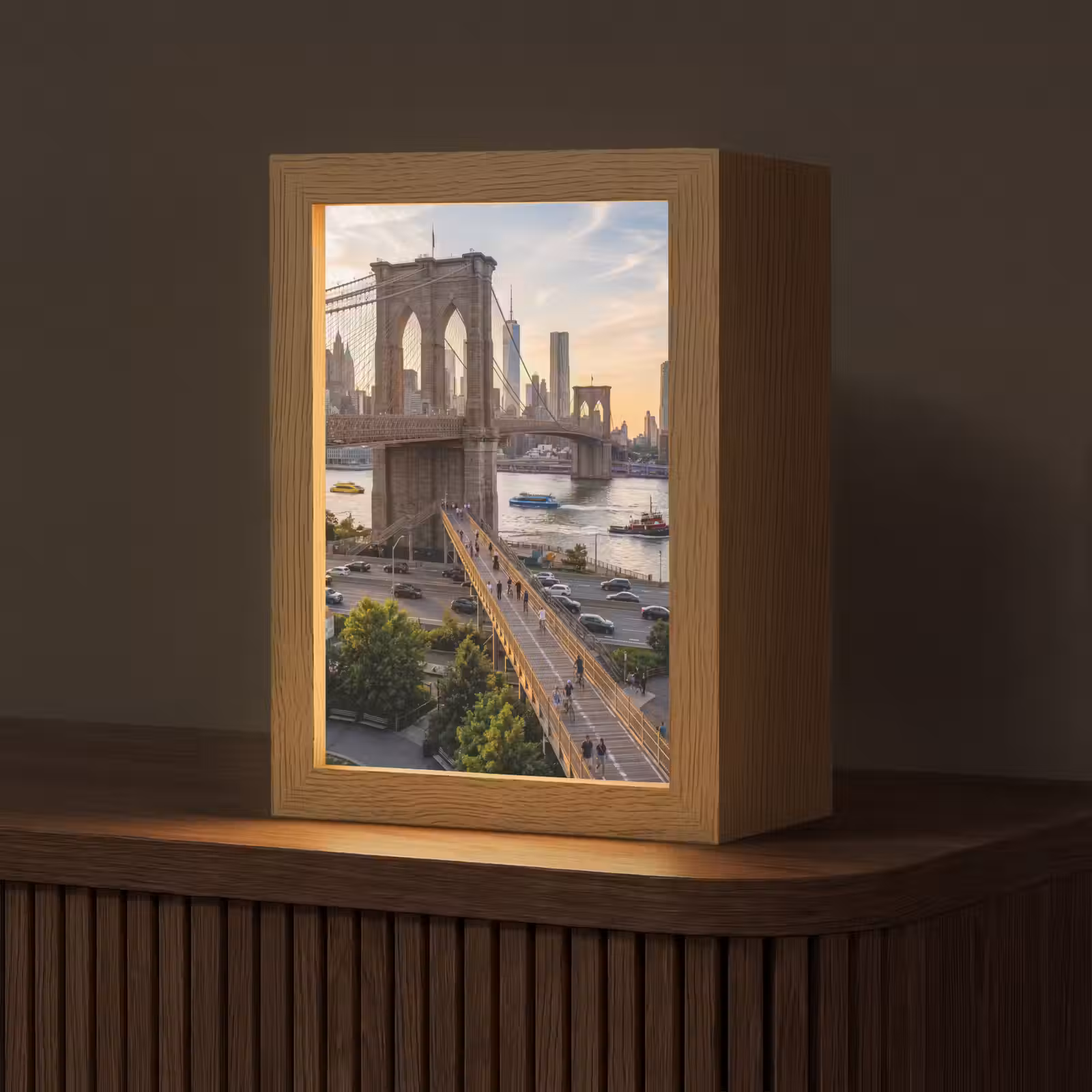 Personalisierte Lightbox - Brücke – Fluss – Stadt – Sonnenuntergang – Architektur - Brug - Rivier - Stad - Zonsondergang - Architectuur Light Box met kabel (Tafellamp) klein