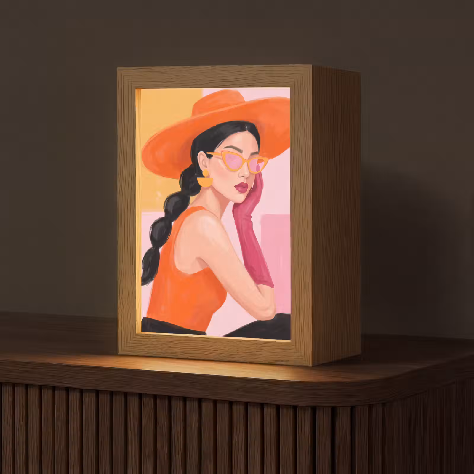 Personalisierte Lightbox - Damen – Hut – Mode – Modern – Orange - Vrouw - Hoed - Mode - Modern - Oranje Light Box met kabel (Tafellamp) klein