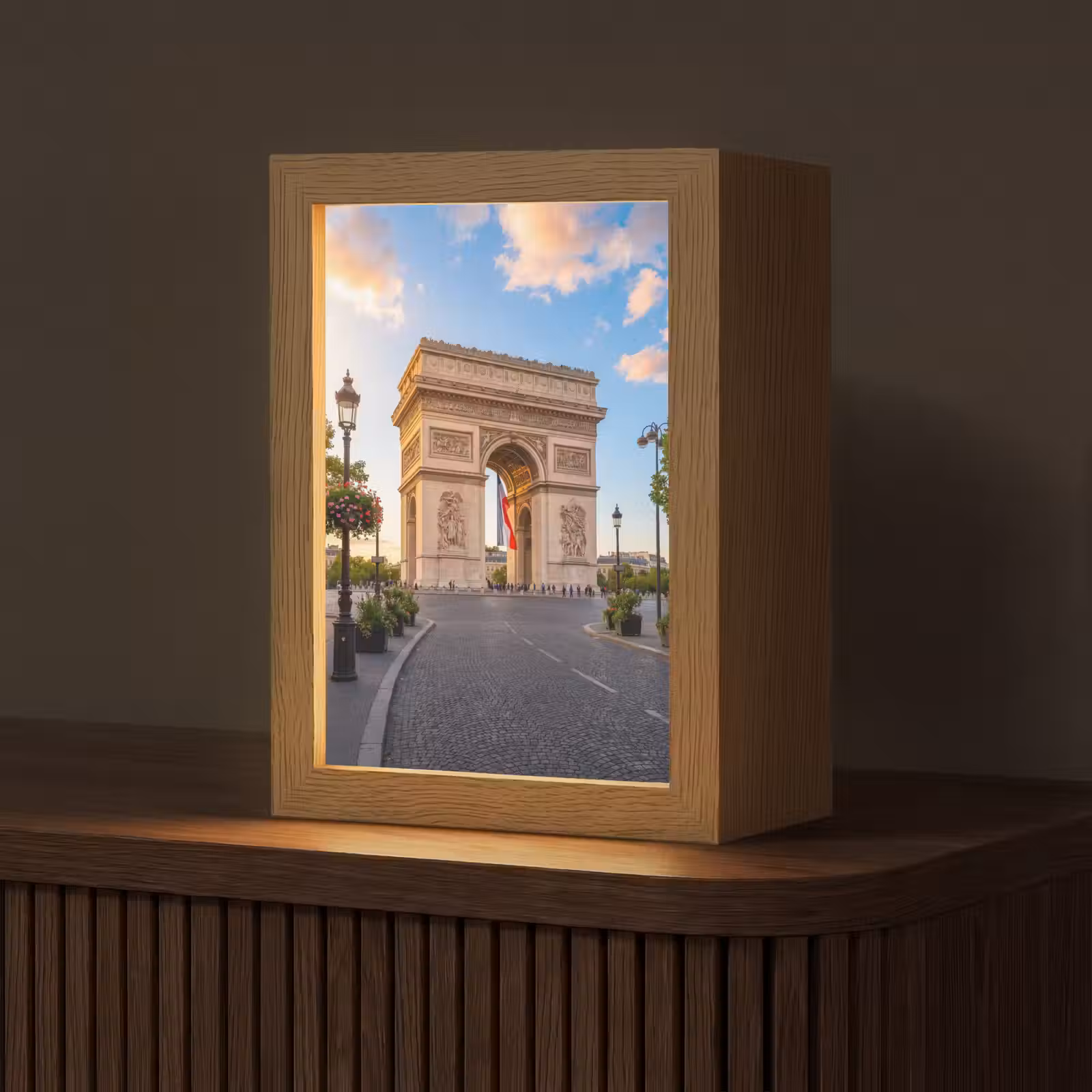 Personalisierte Lightbox - Denkmal – Paris – Sonnenuntergang – Architektur – Gold - Monument - Parijs - Zonsondergang - Architectuur - Goud Light Box met kabel (Tafellamp) klein