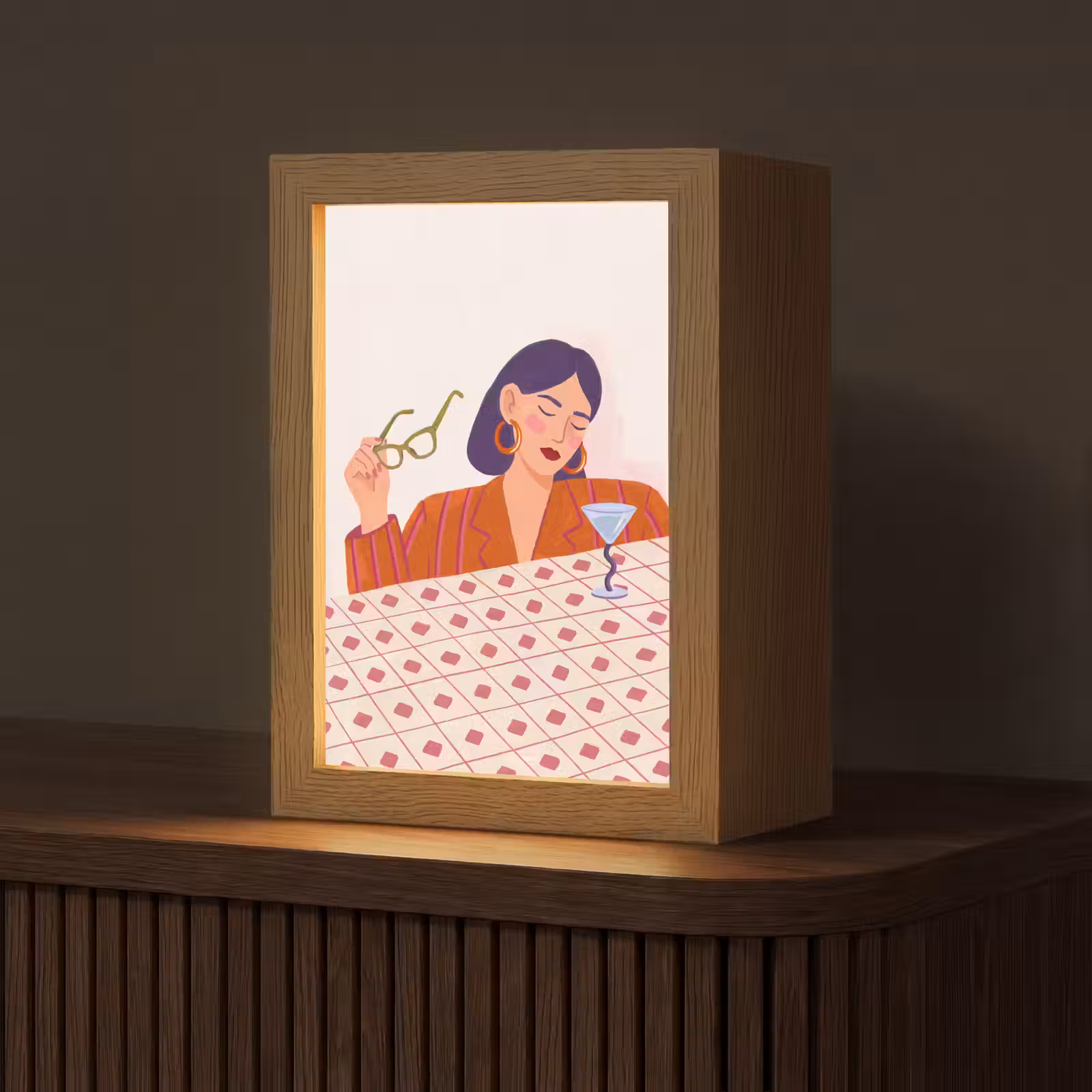 Personalisierte Lightbox - Frau – Brille – Cocktail – Illustration – Modern - Vrouw - Bril - Cocktail - Illustratie - Modern Light Box met kabel (Tafellamp) klein