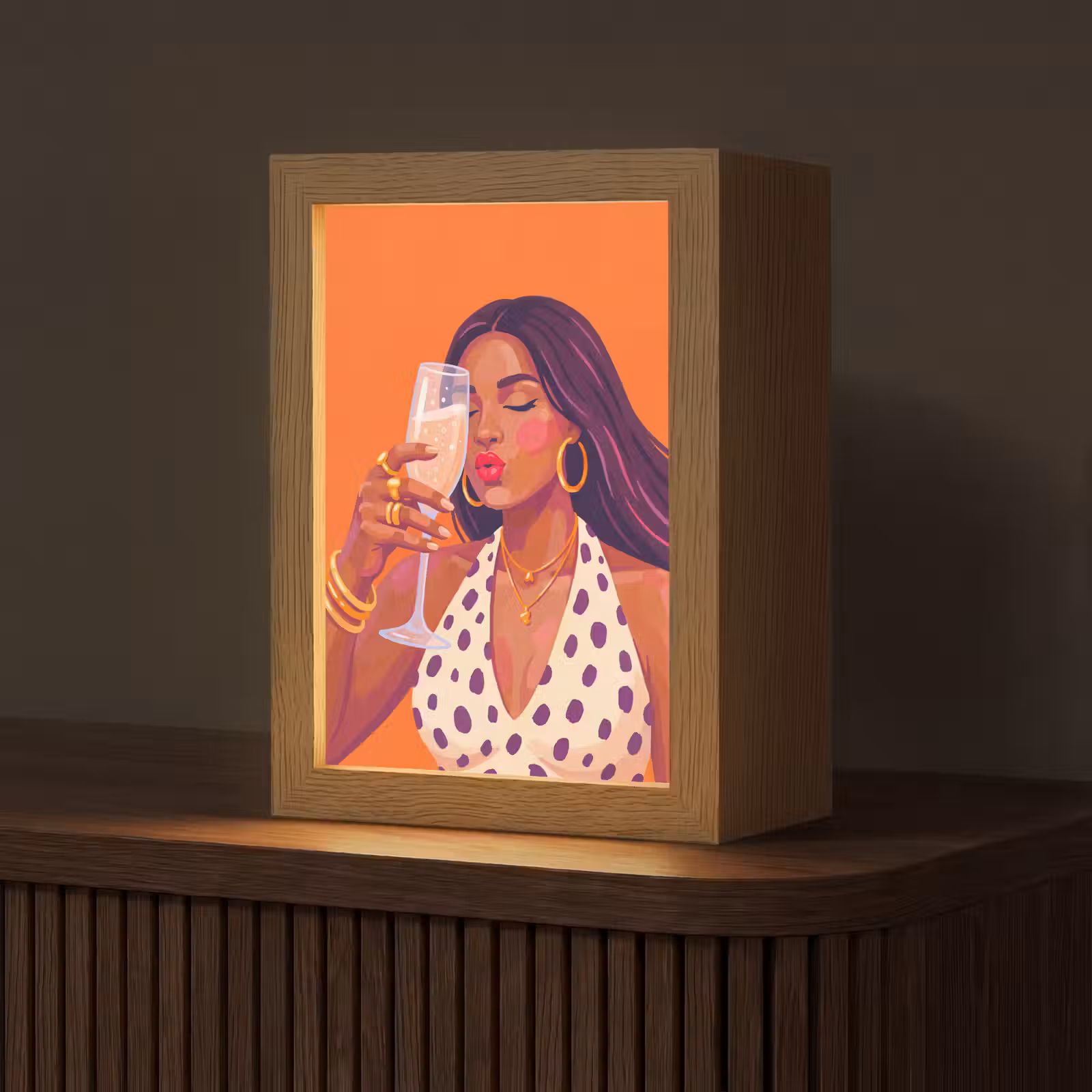 Personalisierte Lightbox - Frau – Champagner – Party – Modern – Orange - Vrouw - Champagne - Feest - Modern - Oranje Light Box met kabel (Tafellamp) klein