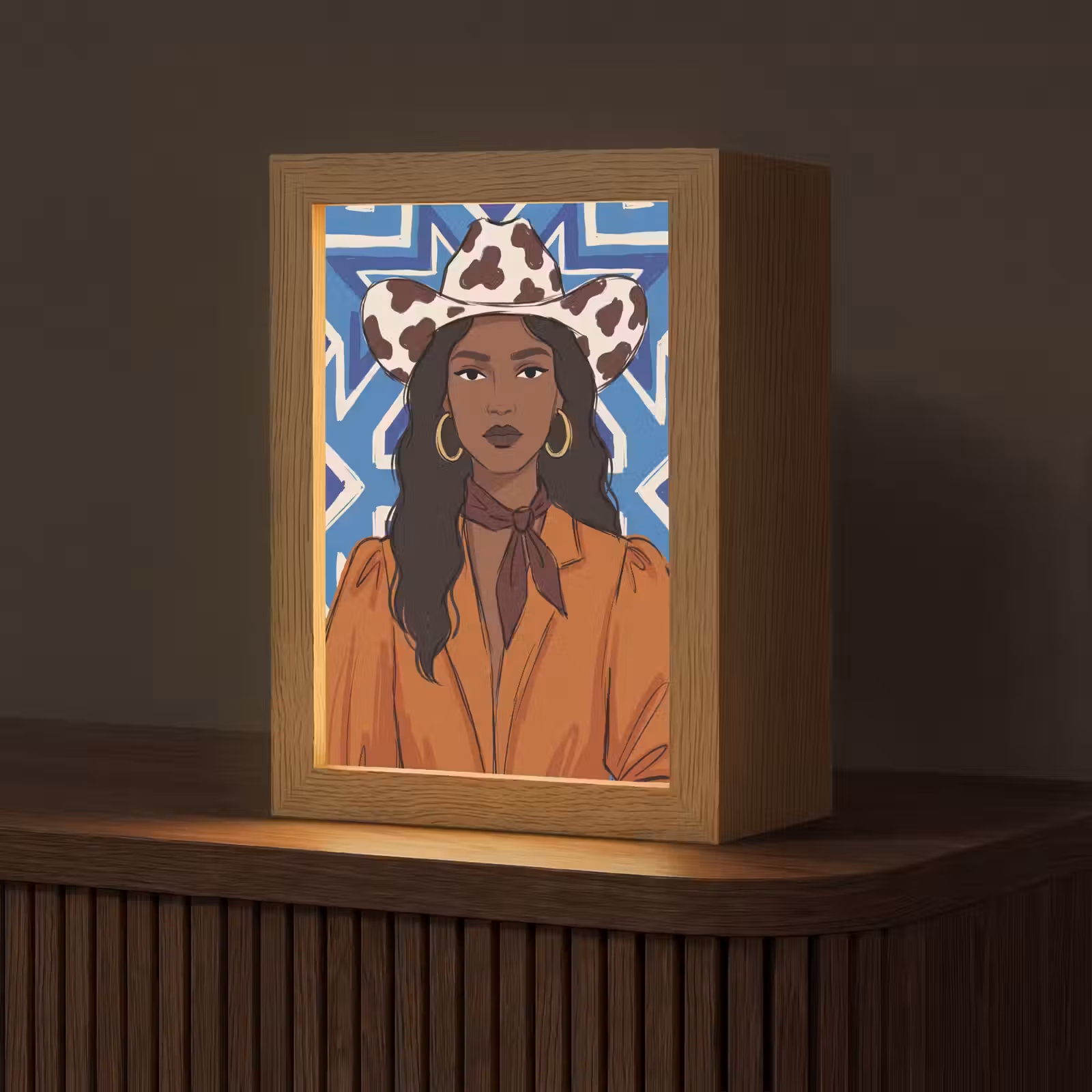 Personalisierte Lightbox - Frau – Cowboyhut – Porträt – Modern – Blau - Vrouw - Cowboyhoed - Portret - Modern - Blauw Light Box met kabel (Tafellamp) klein