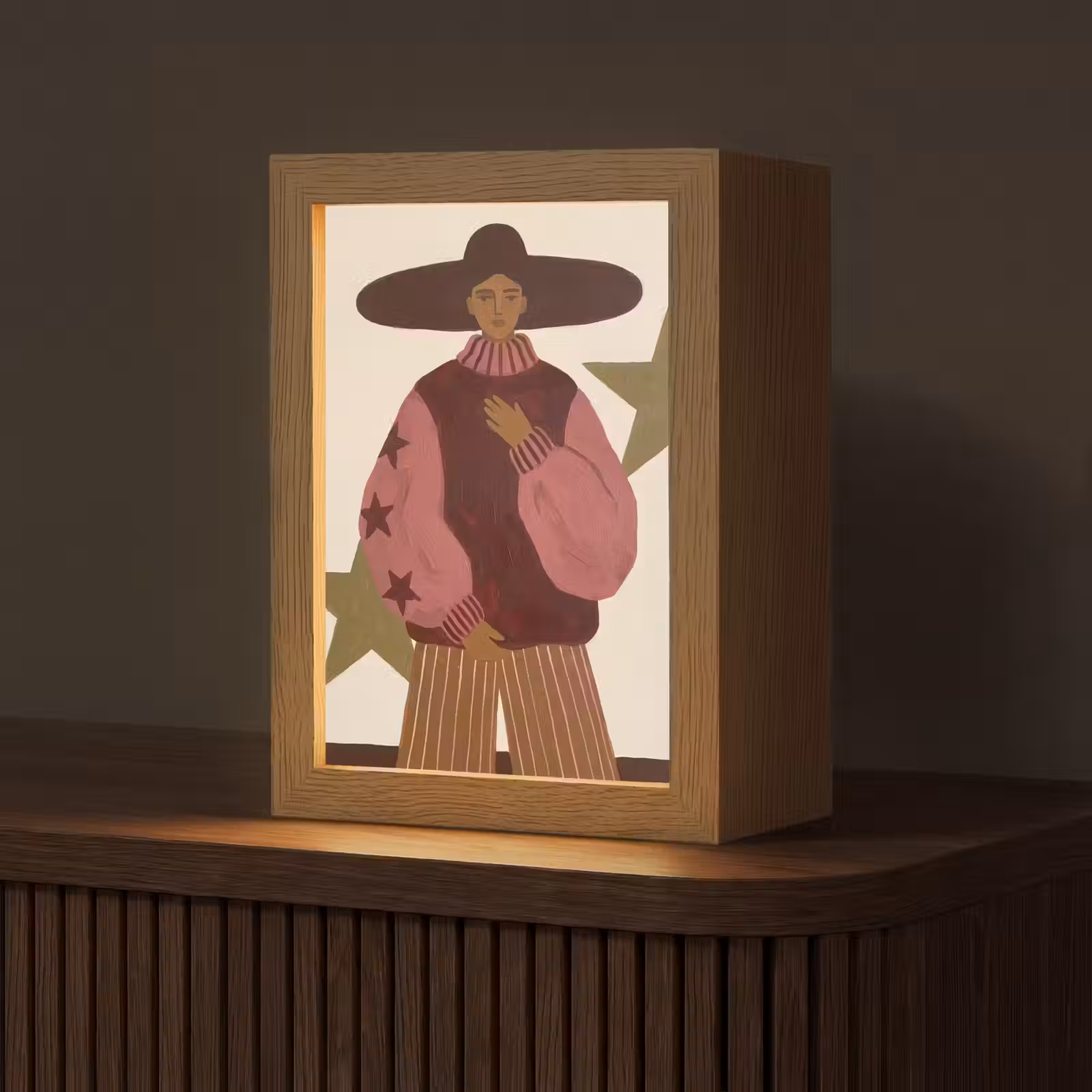 Personalisierte Lightbox - Frau – Hut – Abstrakt – Modern – Porträt - Vrouw - Hoed - Abstract - Modern - Portret Light Box met kabel (Tafellamp) klein