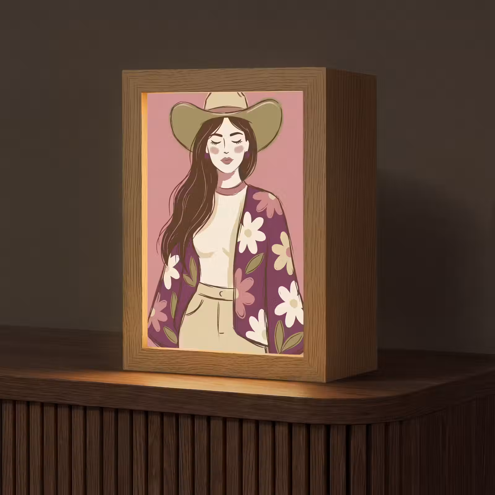 Personalisierte Lightbox - Frau – Hut – Porträt – Illustration – Rosa - Vrouw - Hoed - Portret - Illustratie - Roze Light Box met kabel (Tafellamp) klein