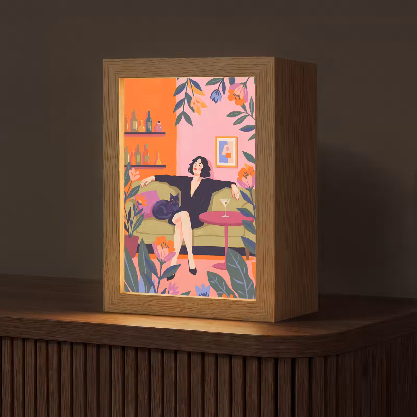 Personalisierte Lightbox - Frau – Katze – Inneneinrichtung – Modern – Farbenfroh - Vrouw - Kat - Interieur - Modern - Kleurrijk Light Box met kabel (Tafellamp) klein