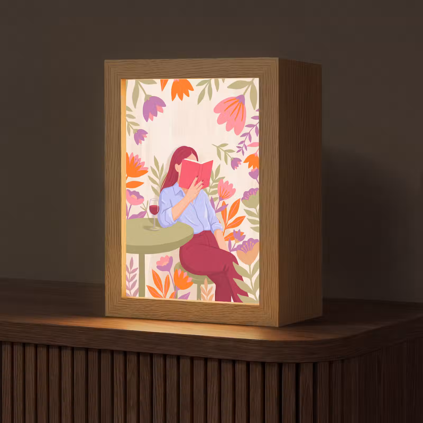 Personalisierte Lightbox - Frau – Lesen – Zuhause – Modern – Blumen - Vrouw - Lezen - Thuis - Modern - Bloemen Light Box met kabel (Tafellamp) klein
